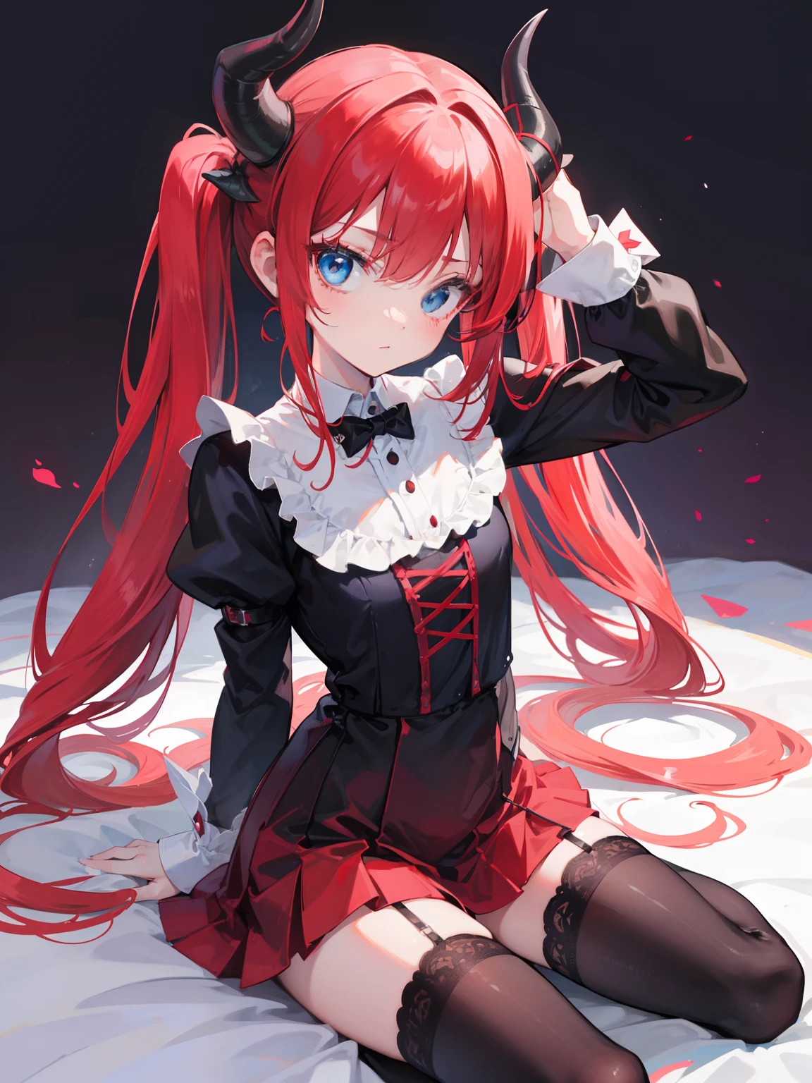 red hair,blue eyes,twintails, long hair, solo, loli, black stockings,{{best quality}}, {{masterpiece}}, {{ultra-detailed}}, {illustration}, {detailed light}, {an extremely delicate and beautiful},,cute,Succubus, demon,horns