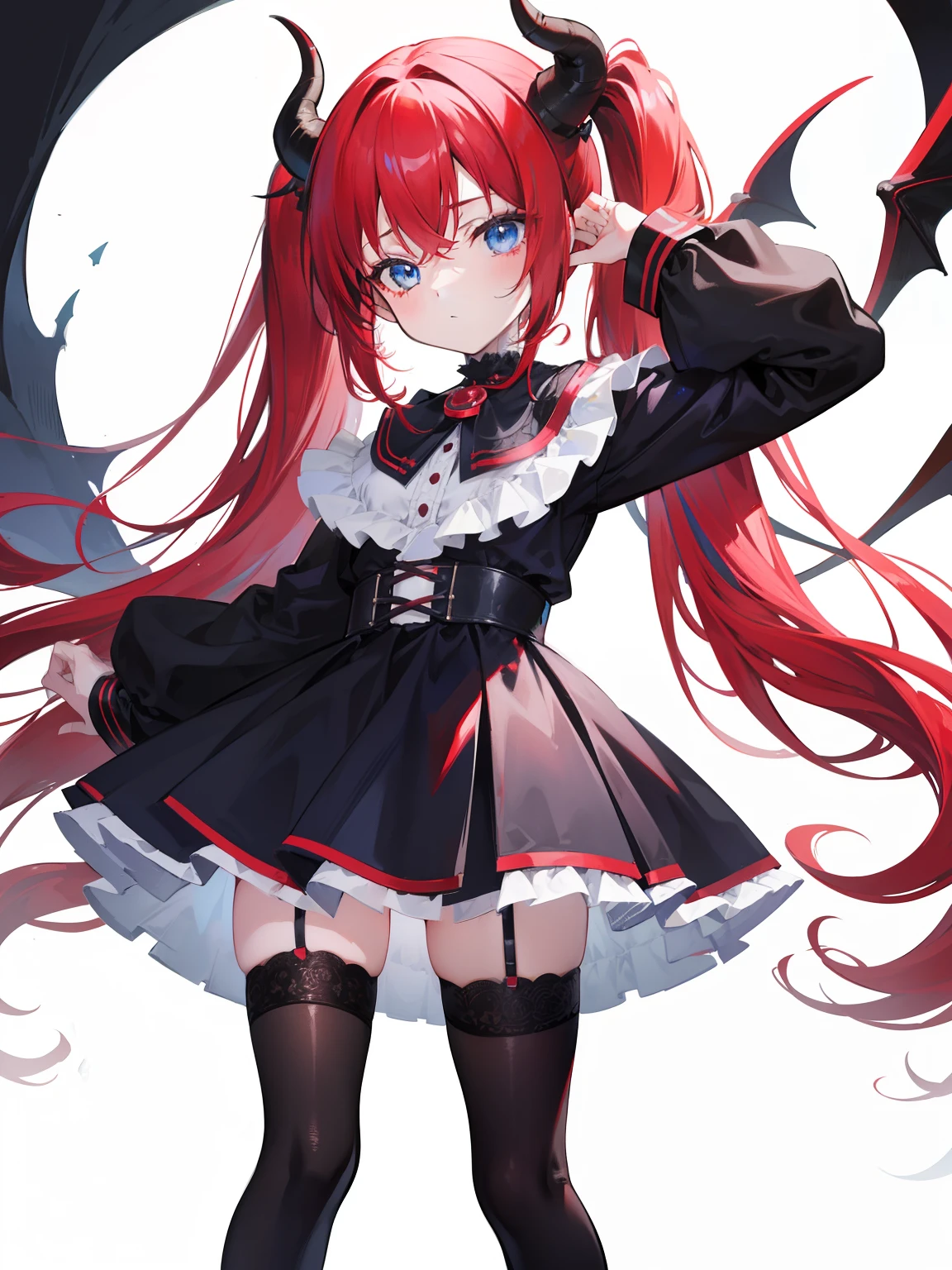 red hair,blue eyes,twintails, long hair, solo, , black stockings,{{best quality}}, {{masterpiece}}, {{ultra-detailed}}, {illustration}, {detailed light}, {an extremely delicate and beautiful},litte,Succubus, demon,horns
