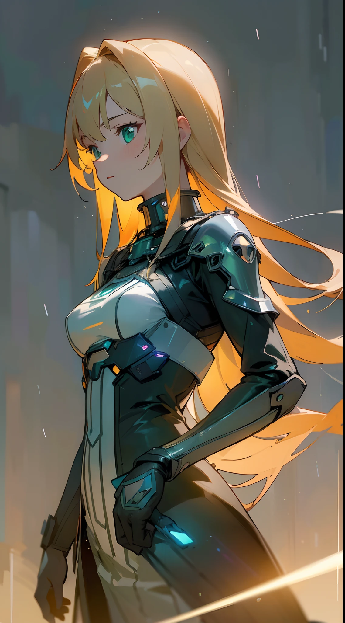 (masterpiece, best quality:1.3),beautiful detailed glow,best illuminate,(((best quality,textile shading,ultra detailed))),extremely detailed CG unity 8k wallpaper,Highly Detailed beautiful and aesthetic,best light,high resolution,detailed,dynamic lighting , mix of sword art online and futuristic style clothes , Raining , night time , Beautiful woman , extremely long hair , blonde hair , green eyes ,