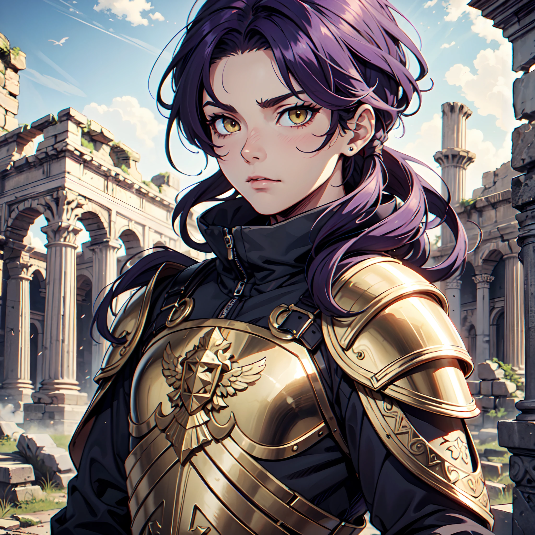 Ultra High Definition,
Ultra High Quality,
Hyper Definition,
Hyper Quality,
Hyper Detailed,
Extremely Detailed,
Perfectly Detailed,
8k,
1 Boy,
Long Purple Hair,
Under Cut Hairstyle,
Solid Yellow Eyes,
Handsome,
Armored With Roman Emperor Armor,
Ancient Roman Empire Ruins Background,