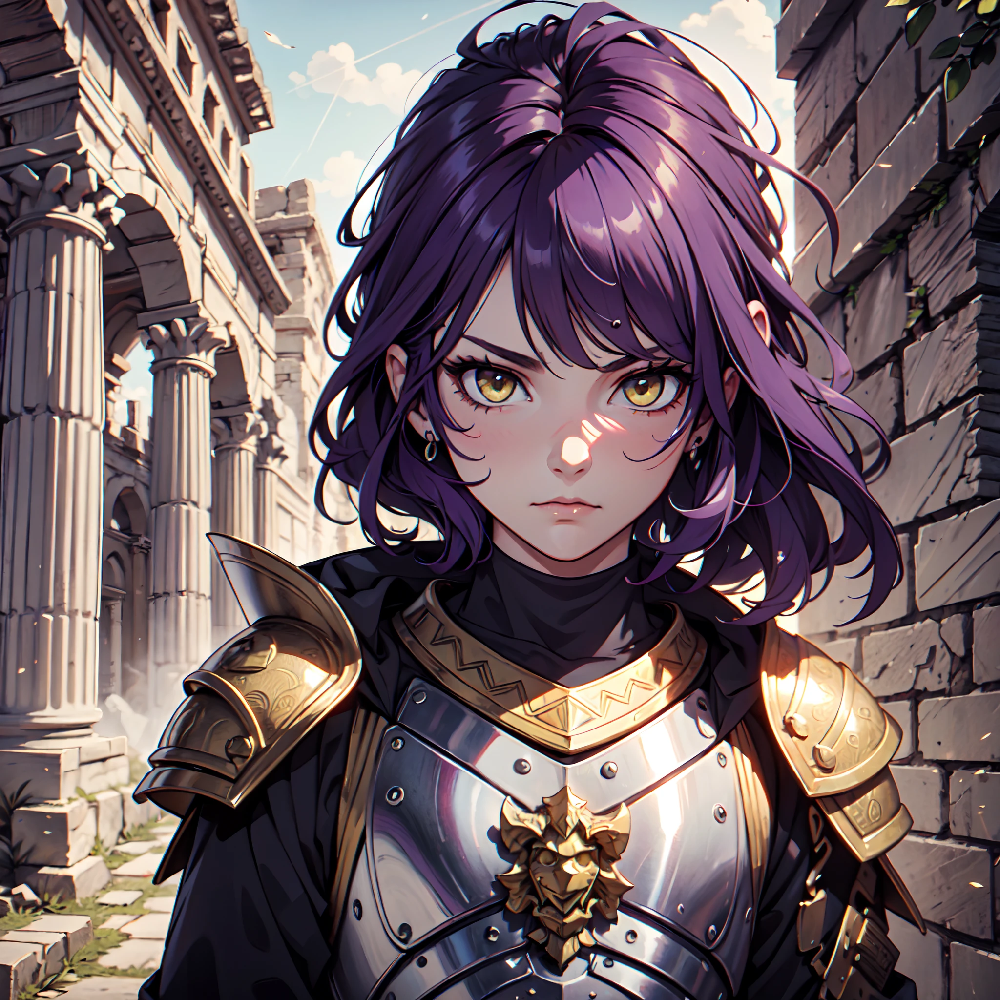 Ultra High Definition,
Ultra High Quality,
Hyper Definition,
Hyper Quality,
Hyper Detailed,
Extremely Detailed,
Perfectly Detailed,
8k,
1 Boy,
Long Purple Hair,
Under Cut Hairstyle,
Solid Yellow Eyes,
Handsome,
Armored With Roman Emperor Armor,
Ancient Roman Empire Ruins Background,