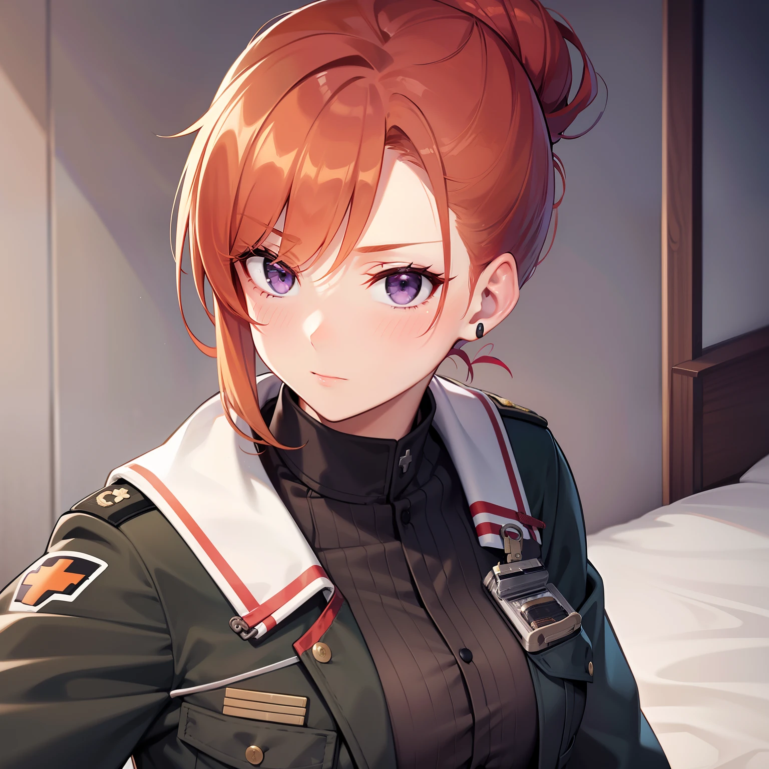 Ginger hair, bun, woman, medic, military medic, military medic uniform, sweet, kind, purple eyes