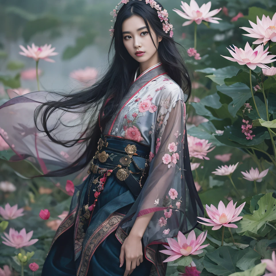32K(tmasterpiece,k hd,hyper HD,32K)Long flowing black hair,ponds,zydink, a color, Aozhou people (Concubine girl), (Purple silk scarf), Combat posture, looking at the ground, long whitr hair, Floating hair, Carp pattern headdress, Chinese long-sleeved clothing, (Abstract gouache splash:1.2), Pink petal background,Pink and white lotus flowers fly(realisticlying:1.4),Black color hair,Fallen leaves flutter,The background is pure, A high resolution, the detail, RAW photogr, Sharp Re, Nikon D850 Film Stock Photo by Jefferies Lee 4 Kodak Portra 400 Camera F1.6 shots, Rich colors, ultra-realistic vivid textures, Dramatic lighting, Unreal Engine Art Station Trend, cinestir 800,Long flowing black hair,Denim skirt