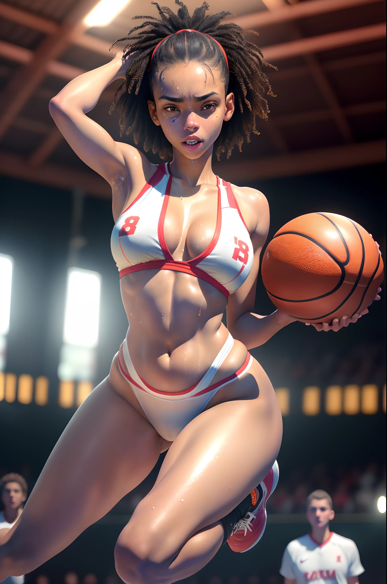 1girl in, (8K, Raw photo, Best Quality:1.2), (Realistic, Photorealsitic:1.37), Solo,Ultra-detailed,Basketball player,jump,Teenage girl, (Detailed beautiful face)small head,Cute face, Large breasts,Narrow waist,nice legs,  (Detailed realistic skin),shiny skins ,Wet skin,Sweat,  Sporty,At the basketball venue