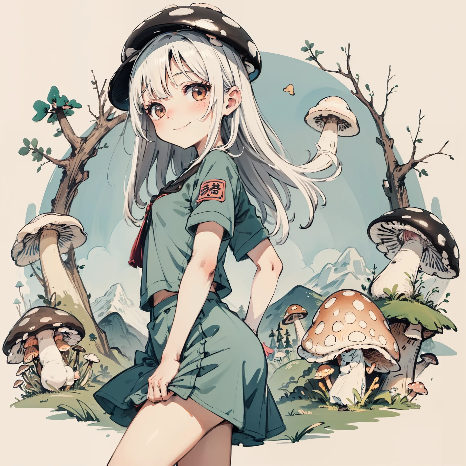Simple drawing, Mushrooms and girls, tchibi, Cute, Big smile, Dark room, glowing mushrooms, Mushrooms + Mushrooms + Mushrooms + Mushrooms + Mushrooms, Mushrooms on the head, From the side Side,Dancing,Watercolor illustration, Perfect anatomy, Masterpiece, Best quality, 1girll, Loli,elementary student, Solo, (with short white hair:1.2),Nature, landscape