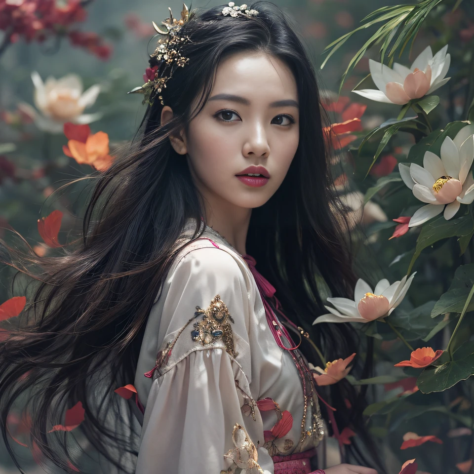 32K（tmasterpiece，k hd，hyper HD，32K）Long flowing black hair，ponds，zydink， a color， Aozhou people （Concubine girl）， （Purple silk scarf）， Combat posture， looking at the ground， long whitr hair， Floating hair， Carp pattern headdress， Chinese long-sleeved clothing， （Abstract gouache splash：1.2）， Pink petal background，Pink and white lotus flowers fly（realisticlying：1.4），Black color hair，Fallen leaves flutter，The background is pure， A high resolution， the detail， RAW photogr， Sharp Re， Nikon D850 Film Stock Photo by Jefferies Lee 4 Kodak Portra 400 Camera F1.6 shots, Rich colors, ultra-realistic vivid textures, Dramatic lighting, Unreal Engine Art Station Trend, cinestir 800，Long flowing black hair，Denim skirt