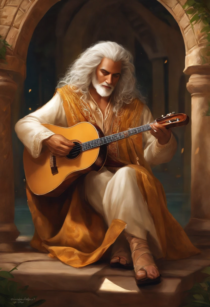 character is a Qareen, which is a race from the Storm universe. He is a skilled bard, de 45 anos, com longos cabelos dourados e olhos brilhantes. He is wearing a colorful robe with elven details, and carries with it a magical lute that emits a soft, enveloping light. His skillful hands glide down the strings of the instrument, criando melodias encantadoras que ecoam pelo ar. Ele tem um sorriso gentil no rosto, transmitindo alegria e serenidade. He has a white owl that is always flying close to his shoulder.