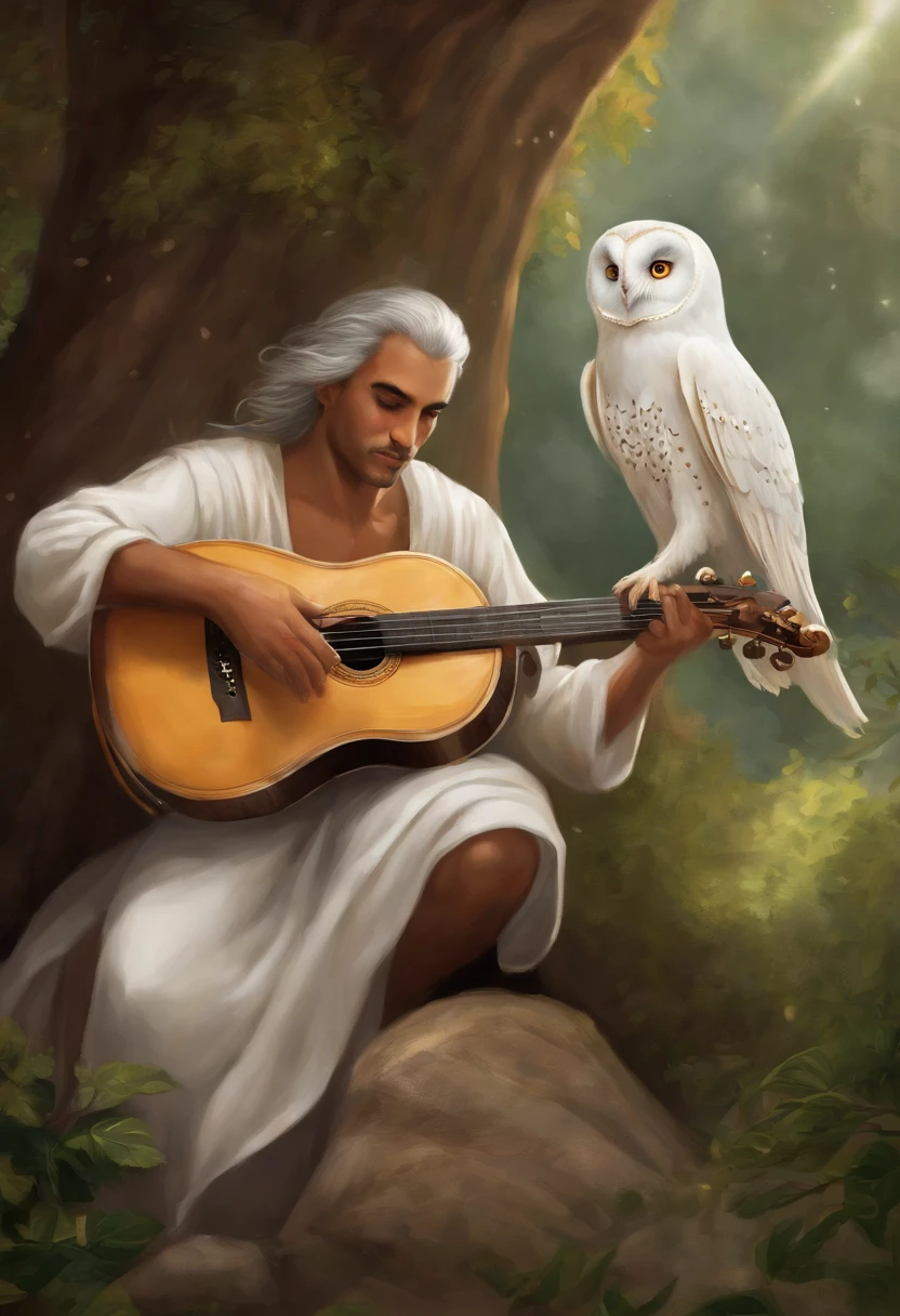character is a Qareen, which is a race from the Storm universe. He is a skilled bard, de 45 anos, com longos cabelos dourados e olhos brilhantes. He is wearing a colorful robe with elven details, and carries with it a magical lute that emits a soft, enveloping light. His skillful hands glide down the strings of the instrument, criando melodias encantadoras que ecoam pelo ar. Ele tem um sorriso gentil no rosto, transmitindo alegria e serenidade. He has a white owl that is always flying close to his shoulder.