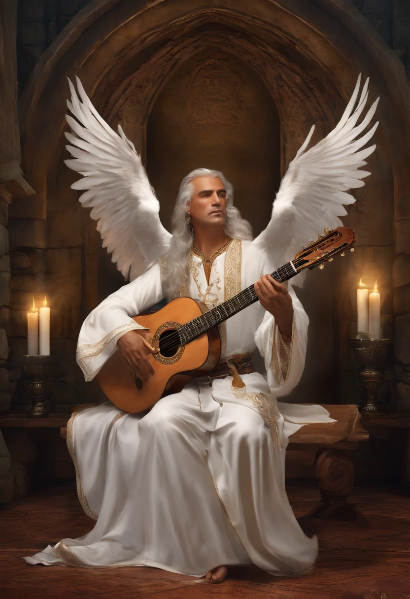 character is a Qareen, which is a race from the Storm universe. He is a skilled bard, de 45 anos, com longos cabelos dourados e olhos brilhantes. He is wearing a colorful robe with elven details, and carries with it a magical lute that emits a soft, enveloping light. His skillful hands glide down the strings of the instrument, criando melodias encantadoras que ecoam pelo ar. Ele tem um sorriso gentil no rosto, transmitindo alegria e serenidade. He has a white owl that is always flying close to his shoulder.