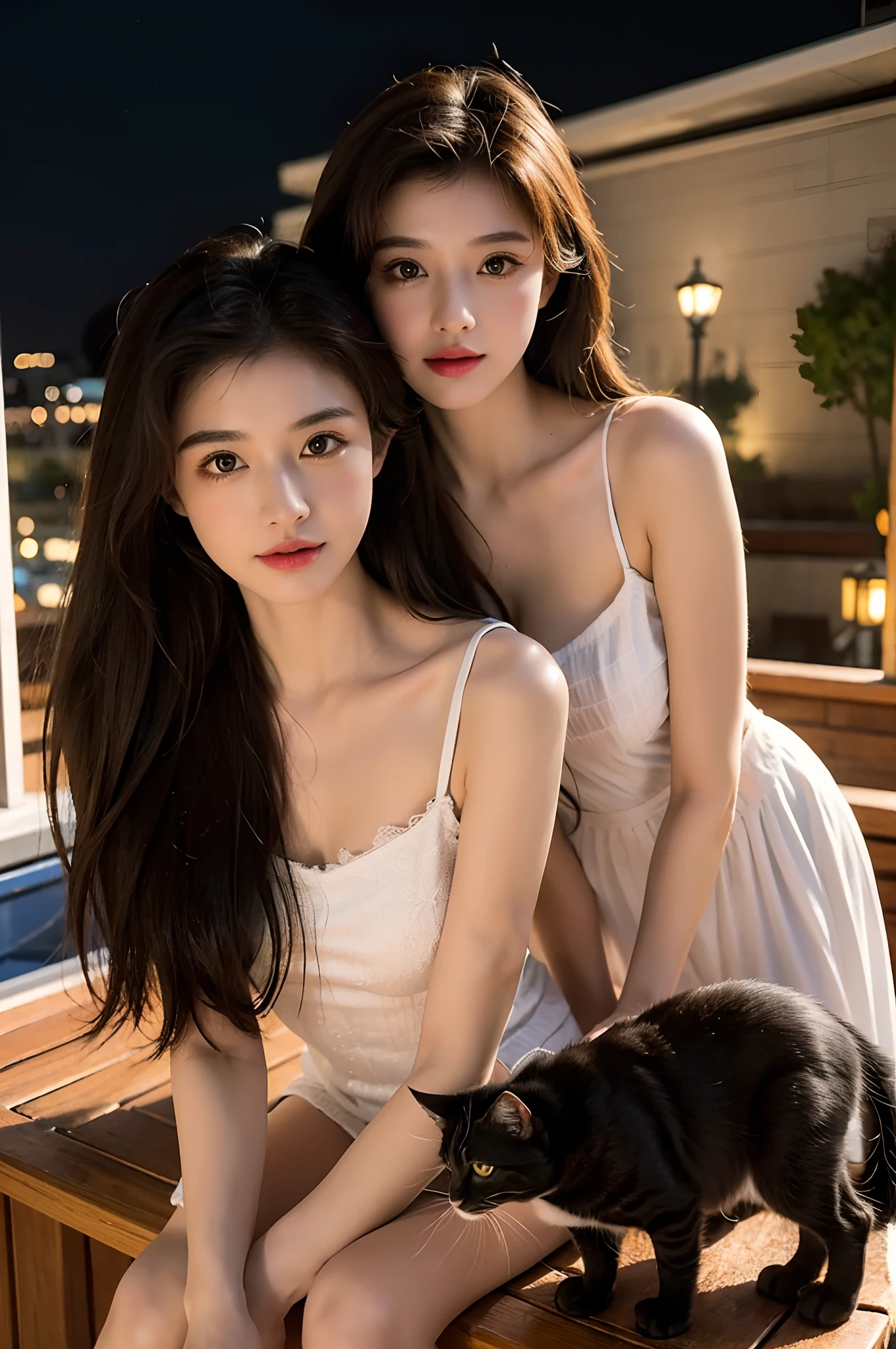 Cartoon, Disney style, oil painted, Intricate, Two adult cats,Two kittens, on a rooftop, Portraits can be shown, kindness, Beauty, softness, Big beautiful eyes, voluminetric lighting, Beautiful, rich deep color, Masterpiece, Sharp focus, Ultra detailed, astrophotography,Ray tracing