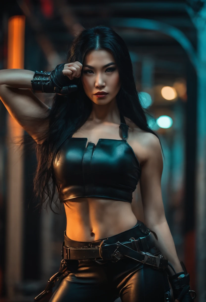 Handsome girl , warrior, Long black hair, Black leather jumpsuit, Combat pose, Katana in hand, Cyberpunk Style , Cyber samurai style
