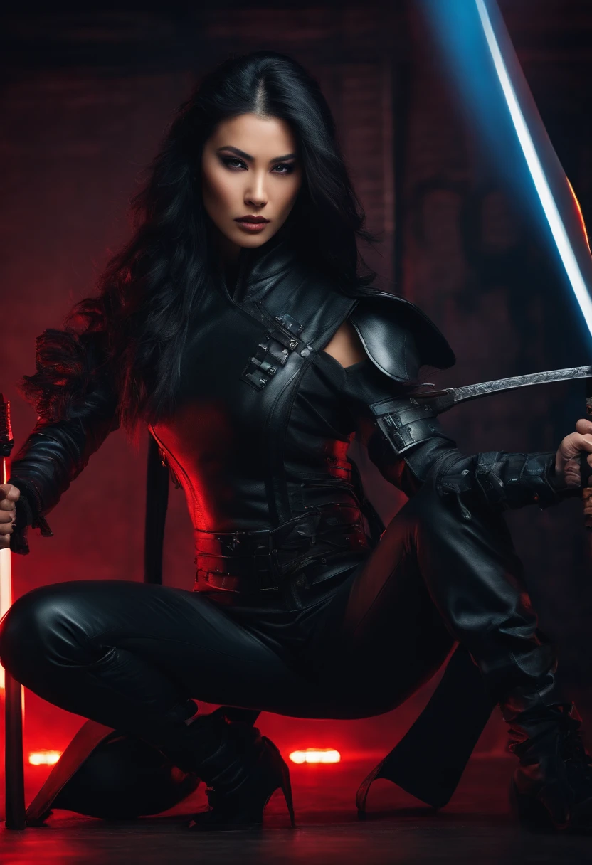Handsome girl , warrior, Long black hair, Black leather jumpsuit, Combat pose, Katana in hand, Cyberpunk Style , Cyber samurai style