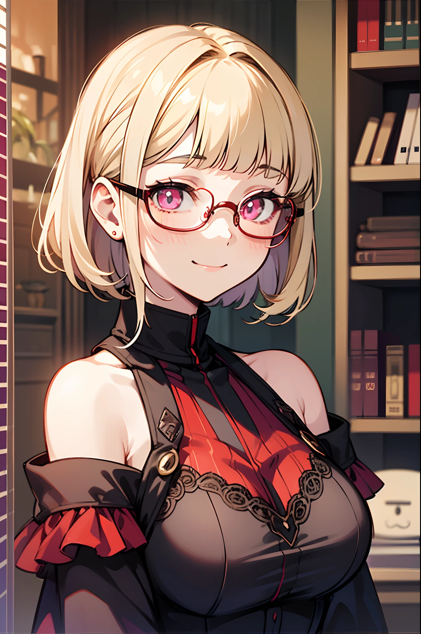 An 18-year-old woman、a blond、Blunt bangs、Straight hair、Chignon's hairstyle、bob cuts、Purple glowing eyes、((Red Frame Glasses)):1.5、Black Off-Shoulder Inner、Red dress、Long sleeves、A slight smil、bookcase、fireplace、Large interior