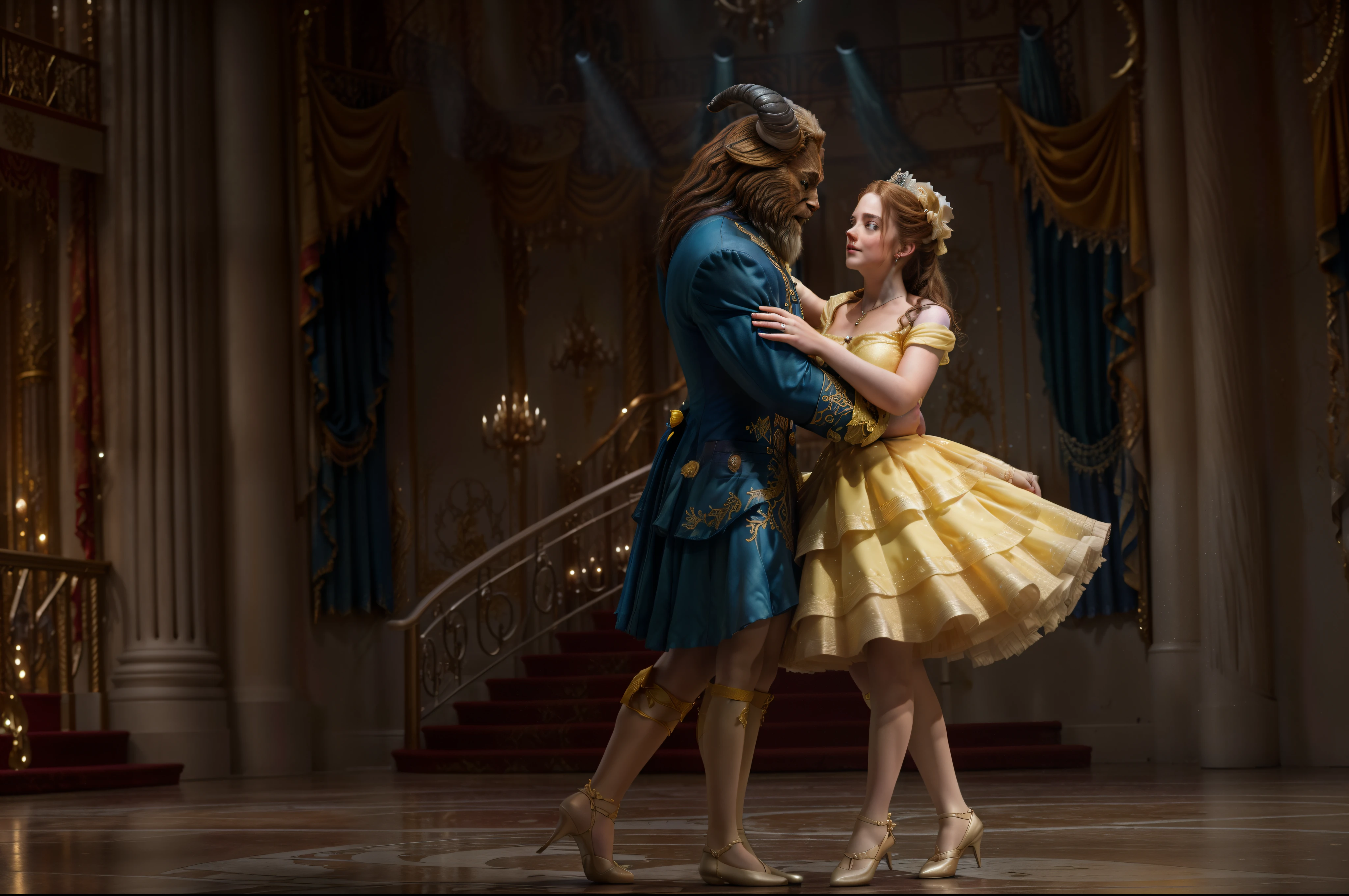 (best quality, 4k, 8k, high resolution, masterpiece: 1.2), ultra detailed, (realistic, photorealistic, photorealistic: 1.37), creative, (vibrant colors, rich colors: 1.2), beauty and the beast dancing in the stage of a show, (beauty and the beast:1.3), theatrical dance scene, Disney 8k photography, belle, b2 floor, stage photography, concert photography, production photography, stage performance, award-winning costume design, on stage, photograph taken with nikon d 750,