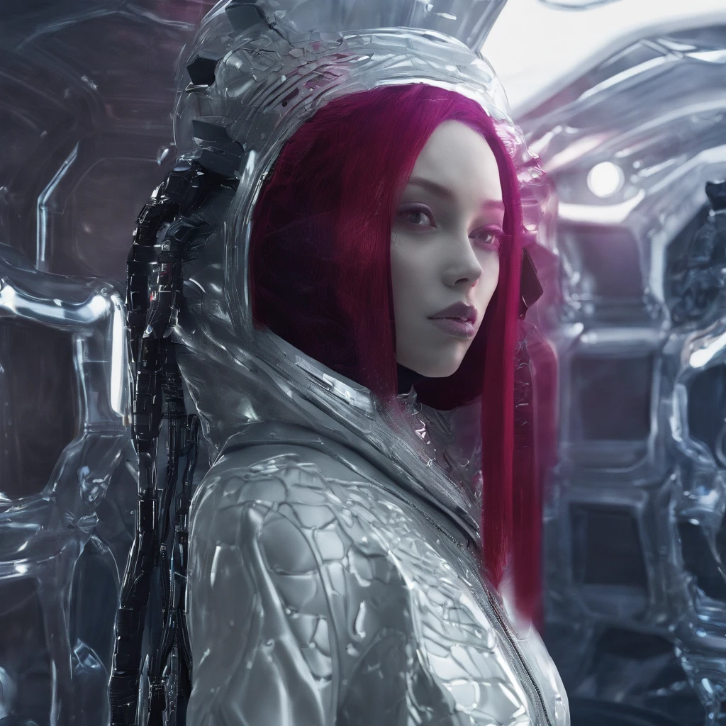 Linen hoodie 32K（tmasterpiece，k hd，hyper HD，32K）Rolling flying linen constellation，Lizard Head White Gold Silk Armor Tulle Cyberpunk Monster Space Station，the sideview，semi transparent，Portrait close-up，Ice is permeable to gas，Film light and shadow，Full composition，Panorama ultra-wide angle，extremely happy，Pterostilbene has a delicate texture，Strong visual impact，Hyper-detailing，Fantasy monsters，Refined face，prettyeyes，Cherry small mouth，high saturated，Long flowing burgundy hair，crystal-clear，Good sense of perspective，Light and shadow effects，16K smooth，Surface reflected light
