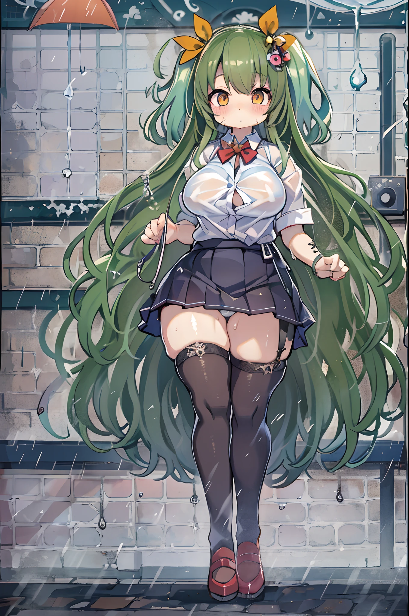 Best Quality, hight resolution, absurderes, Ultra-detailed, Suzuya_(kancolle), 1girl in, long_hair, Skirt, Solo, Shirt, Rain, Wet_Clothes, hair_ornament detached, Wet, breasts, Underwear, pleats_Skirt, See-through, bowtie, Red_Bow、bbw、thick thight、big butts、Ultramammy