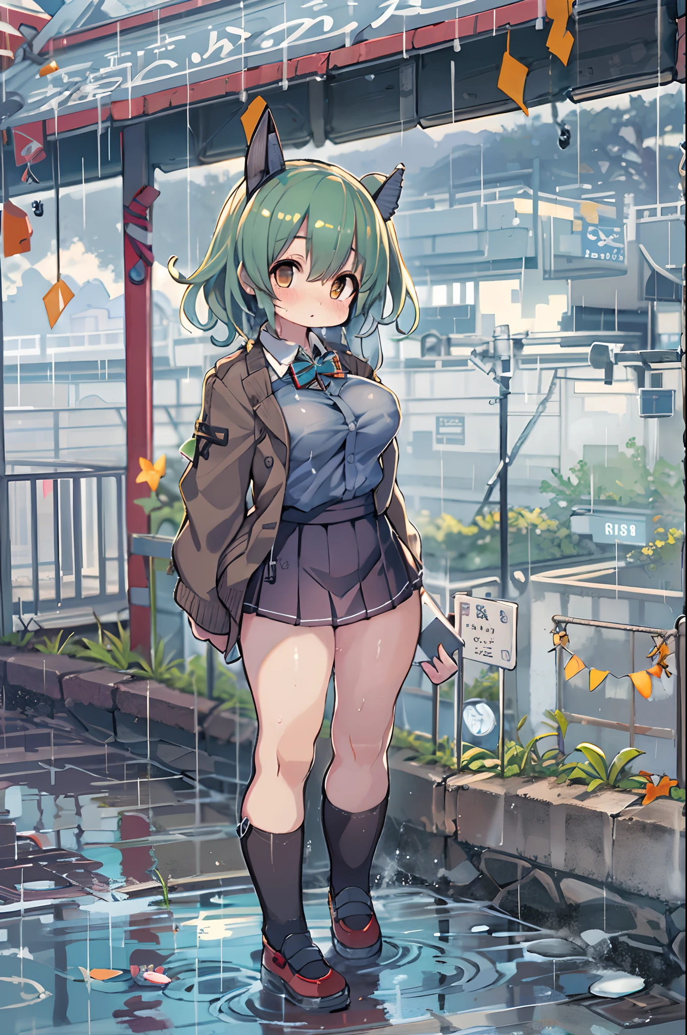 Best Quality, hight resolution, absurderes, Ultra-detailed, Suzuya_(kancolle), 1girl in, long_hair, Skirt, Solo, Shirt, Rain, Wet_Clothes, hair_ornament detached, Wet, breasts, Underwear, pleats_Skirt, See-through, bowtie, Red_Bow、bbw、thick thight、big butts、Ultramammy