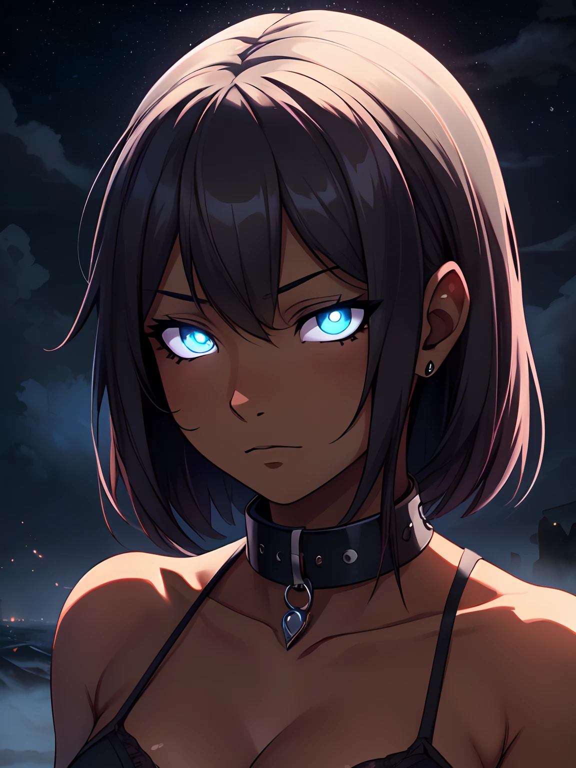 1 girl, (dark skin:1.2), shy, cute, cold expression, (8k, RAW photo, best quality, masterpiece:1.2) ultra-detailed, Super detailed, vivid colors, anime, unreal engine 5, studio lighting, portrait, full white eyes, blank eyes, Night clouds background, Aesthetic, romantic, Luna, wearing goth collar