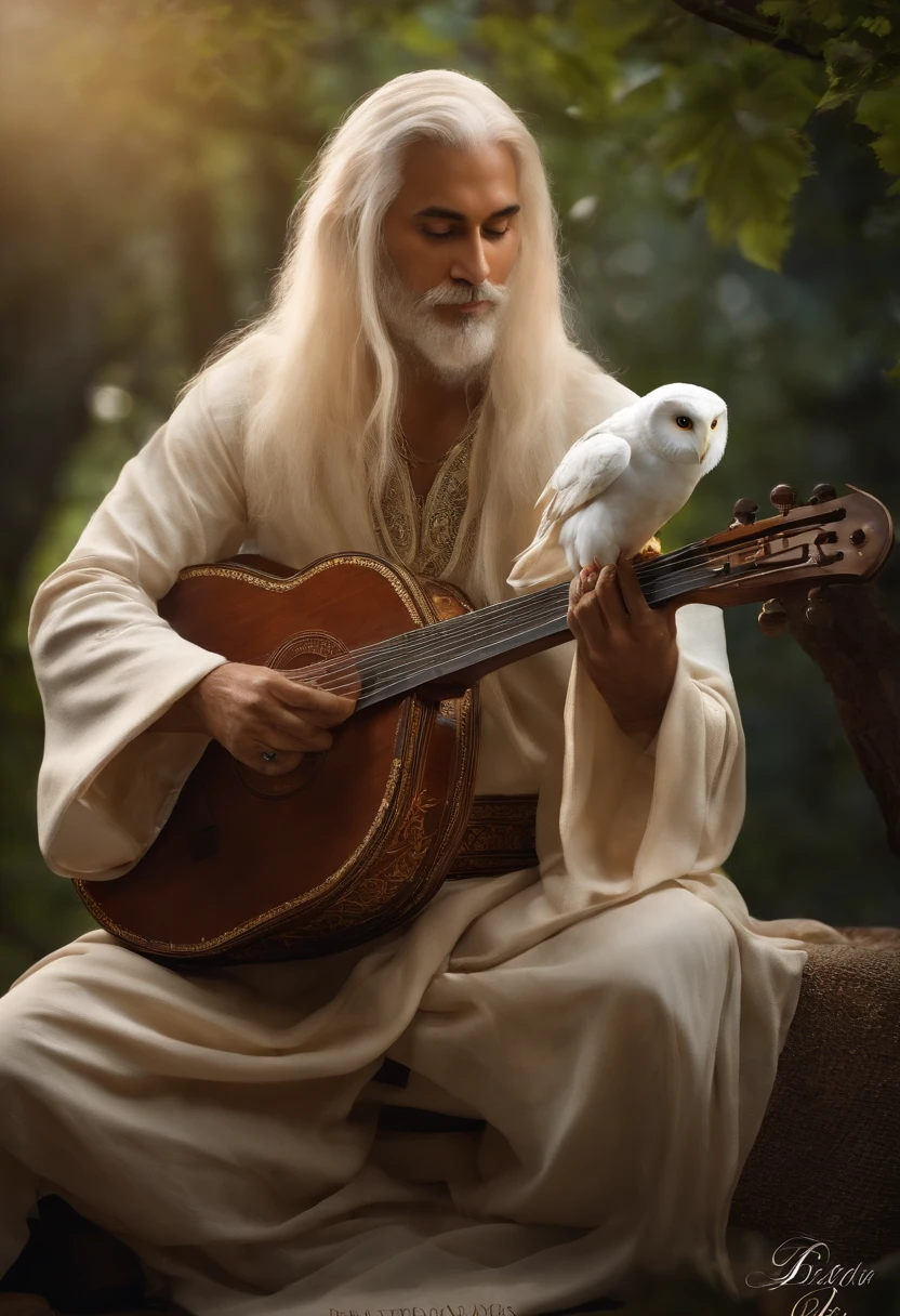 character is a Qareen, which is a race from the Storm universe. He is a skilled bard, de 45 anos, com longos cabelos dourados e olhos brilhantes. He is wearing a colorful robe with elven details, and carries with it a magical lute that emits a soft, enveloping light. His skillful hands glide down the strings of the instrument, criando melodias encantadoras que ecoam pelo ar. Ele tem um sorriso gentil no rosto, transmitindo alegria e serenidade. He has a white owl that is always flying close to his shoulder. He has a mystical tattoo on his fingers, with elven runes.