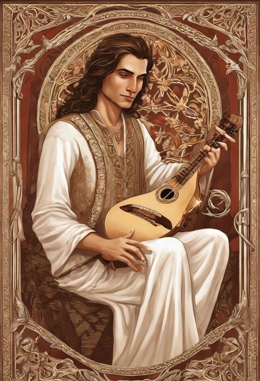 character is a Qareen, which is a race from the Storm universe. He is a skilled bard, de 45 anos, com longos cabelos dourados e olhos brilhantes. He is wearing a colorful robe with elven details, and carries with it a magical lute that emits a soft, enveloping light. His skillful hands glide down the strings of the instrument, criando melodias encantadoras que ecoam pelo ar. Ele tem um sorriso gentil no rosto, transmitindo alegria e serenidade. He has a white owl that is always flying close to his shoulder. He has a mystical tattoo on his fingers, with elven runes.