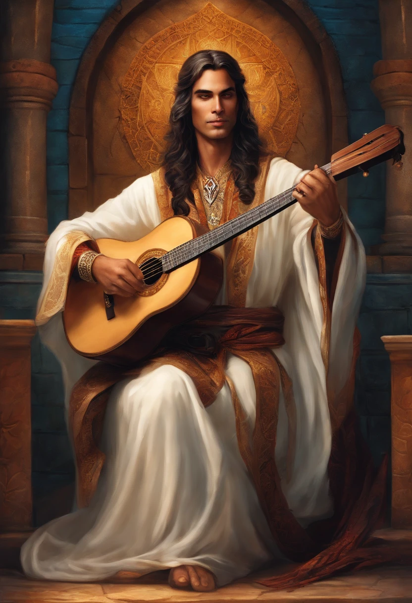character is a Qareen, which is a race from the Storm universe. He is a skilled bard, de 45 anos, com longos cabelos dourados e olhos brilhantes. He is wearing a colorful robe with elven details, and carries with it a magical lute that emits a soft, enveloping light. His skillful hands glide down the strings of the instrument, criando melodias encantadoras que ecoam pelo ar. Ele tem um sorriso gentil no rosto, transmitindo alegria e serenidade. He has a white owl that is always flying close to his shoulder. He has a mystical tattoo on his fingers, with elven runes.