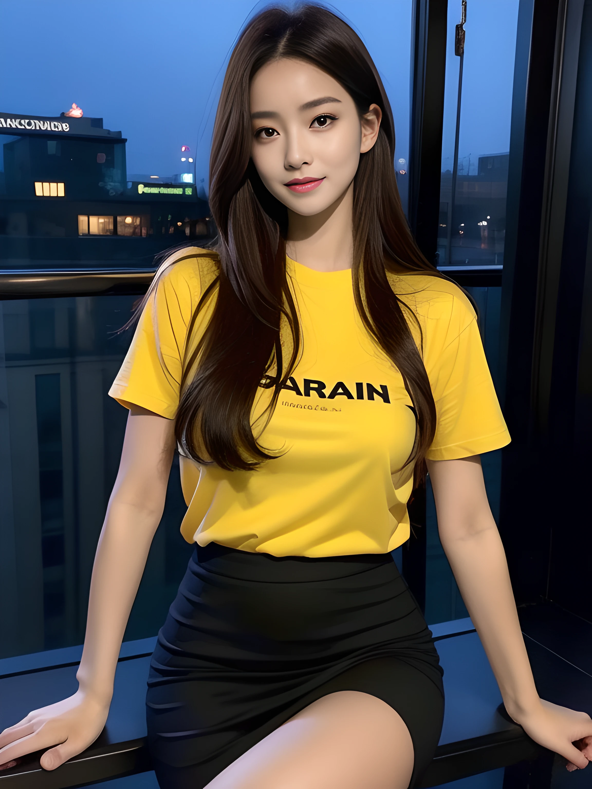 （（midynight， Acura， 8K， tmasterpiece： 1.3））， full bodyesbian， long leges， Focalors： 1.2， perfect figure beautiful woman： 1.4， Slim abs： 1.1， （dark brown  hair，： 1.2 ））， （Goose yellow skinny T-shirt，short  skirt，sitting on a stool： 1.2）， （city night scene， the roof： 1.3））， Highly Detailed Face and Skin Textur， detailedeyes， 二重まぶた，