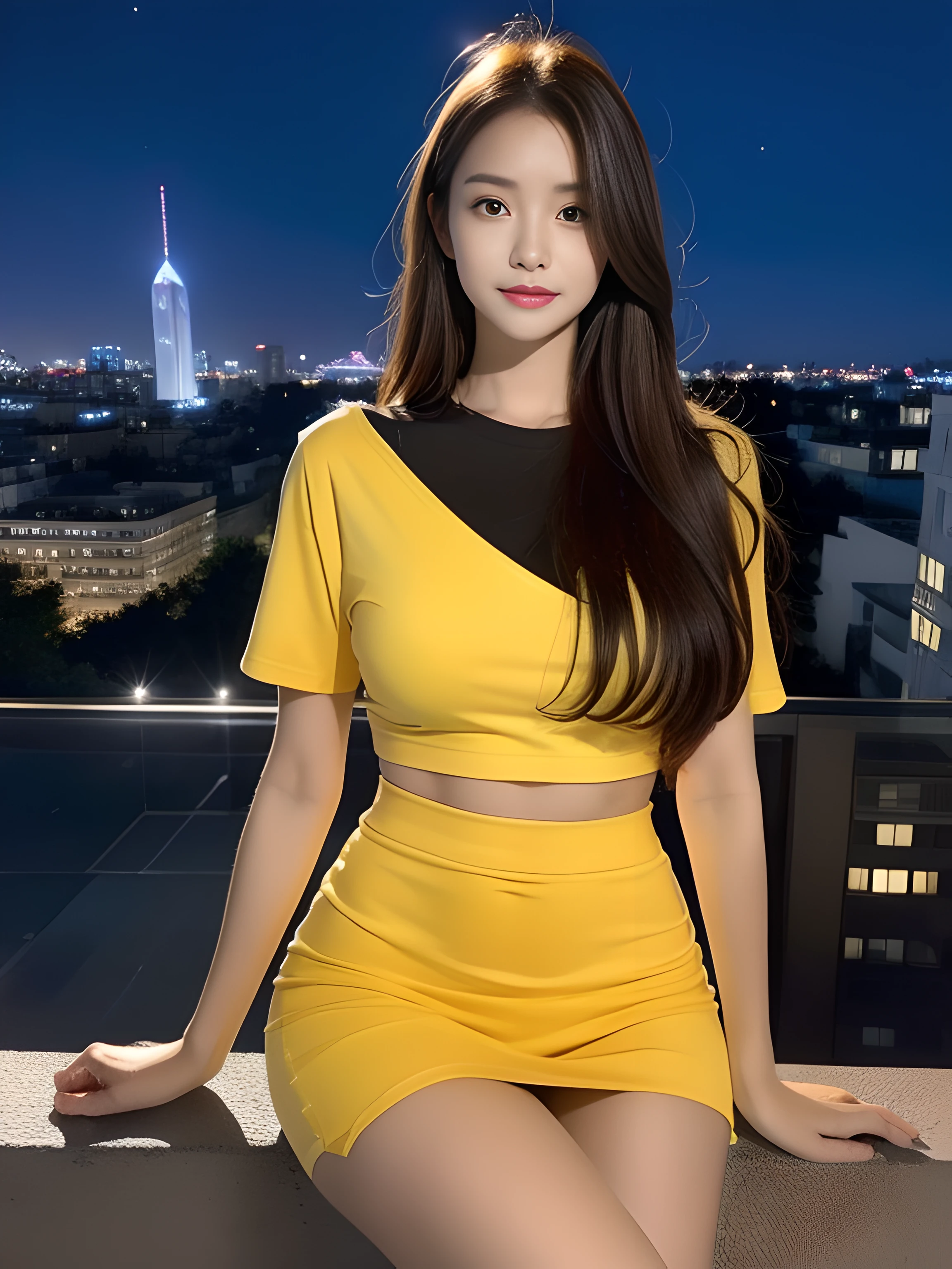 ((midynight, Acura, 8K, tmasterpiece: 1.3)), full bodyesbian, long leges, Focalors: 1.2, perfect figure beautiful woman: 1.4, Slim abs: 1.1, (dark brown hair,: 1.2 )), (Goose yellow skinny T-shirt,short skirt,sitting on a stool: 1.2), (city night scene, the roof: 1.3)), Highly Detailed Face and Skin Textur, detailedeyes, 二重まぶた,