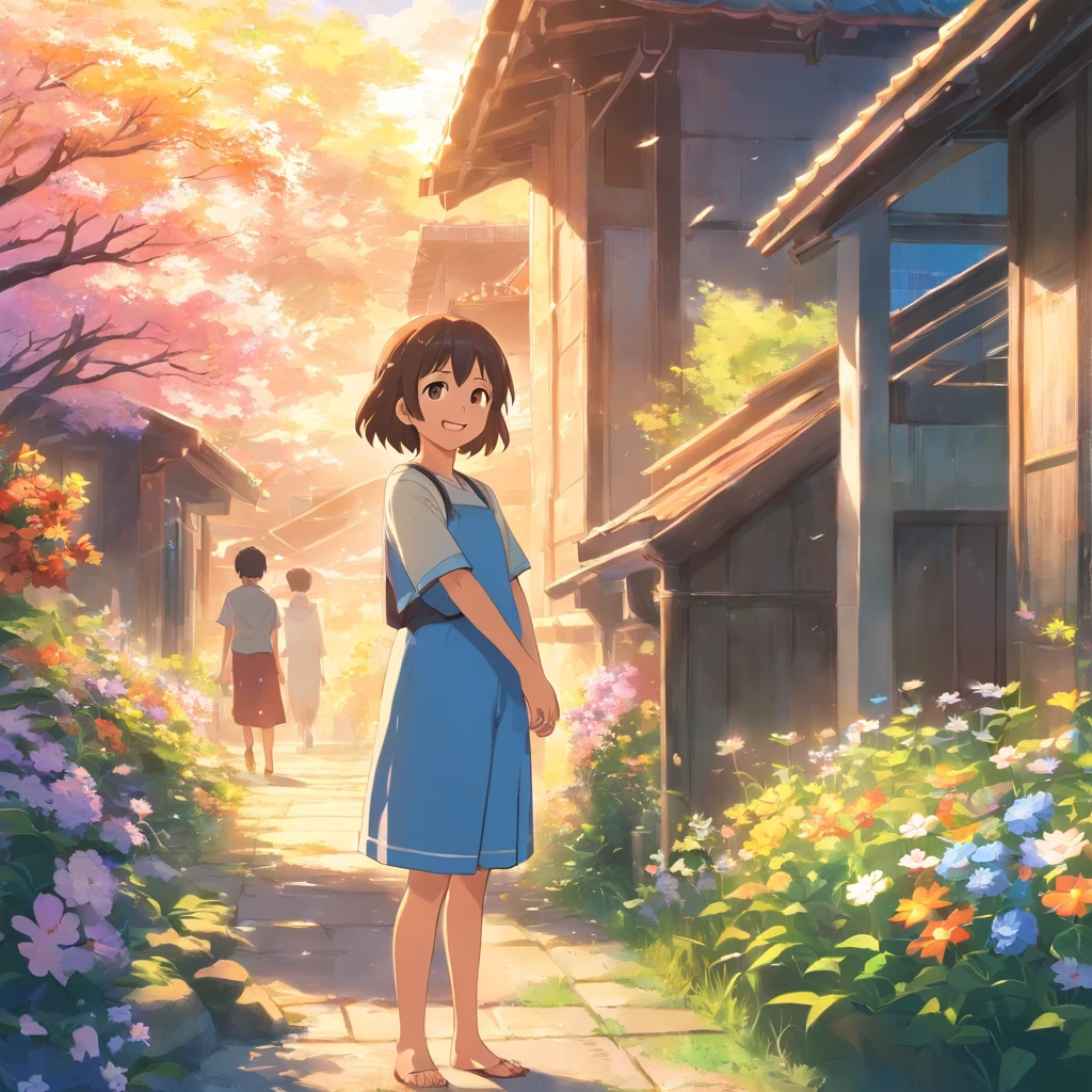 tmasterpiece,best qualtiy,The picture shows a smiling girl,Holding clothes in your hands,In the background is a welfare home。She is giving clothes to several waiting orphans,The orphans had happy smiles on their faces。Sunlight can be added to the picture、Flowers,Depict a warm scene。Chao yang,(spark of light:0.7)