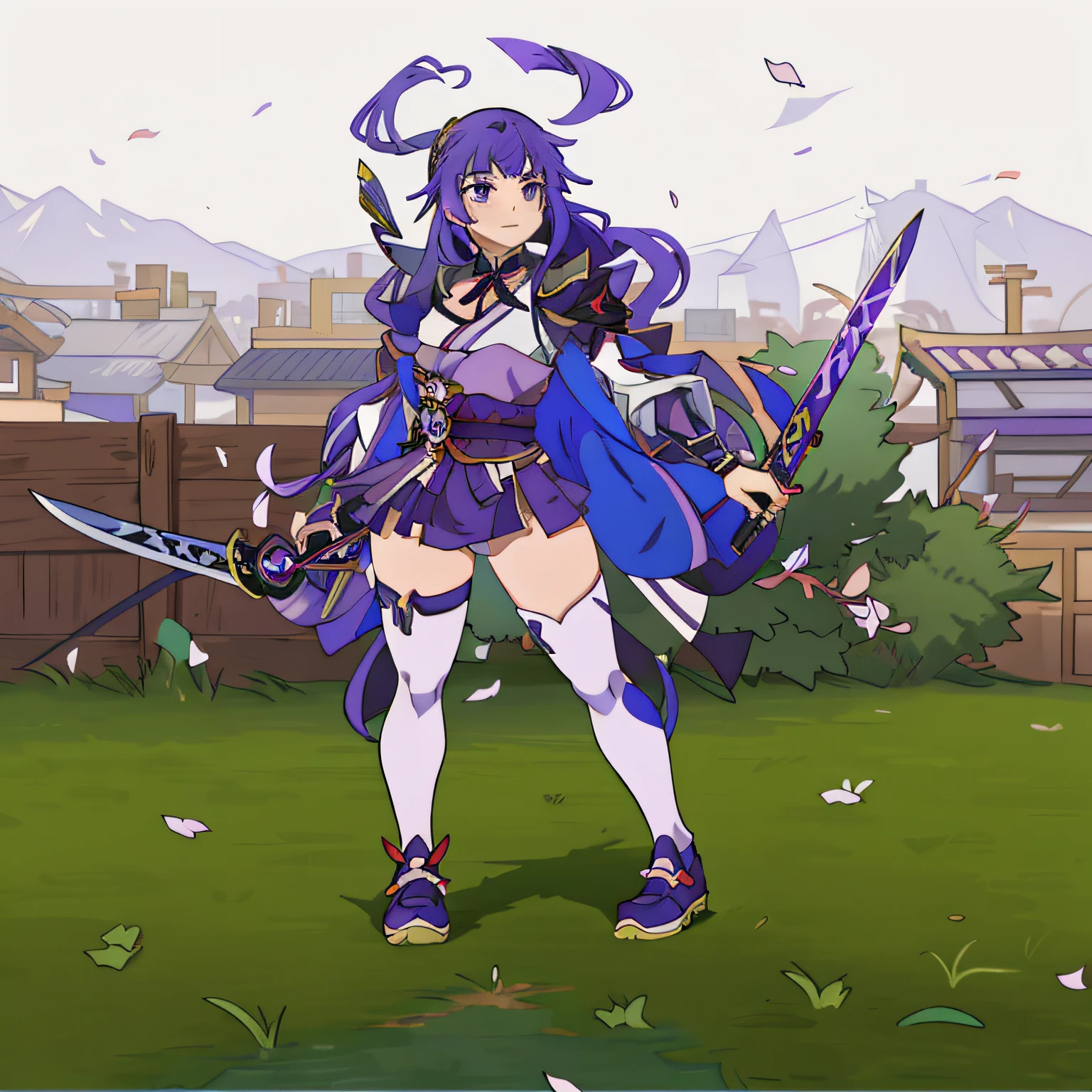 Anime girl wearing purple hair and purple shoes and holding two swords, katana zero video game character, ayaka genshin impact, anime style like fate/stay night, ayaka game genshin impact, Anime fencer, jrpg character, Artoria Pendragon, Female Action Anime Girl, Yuyushiki, Katana Zero, gapmoe yandere