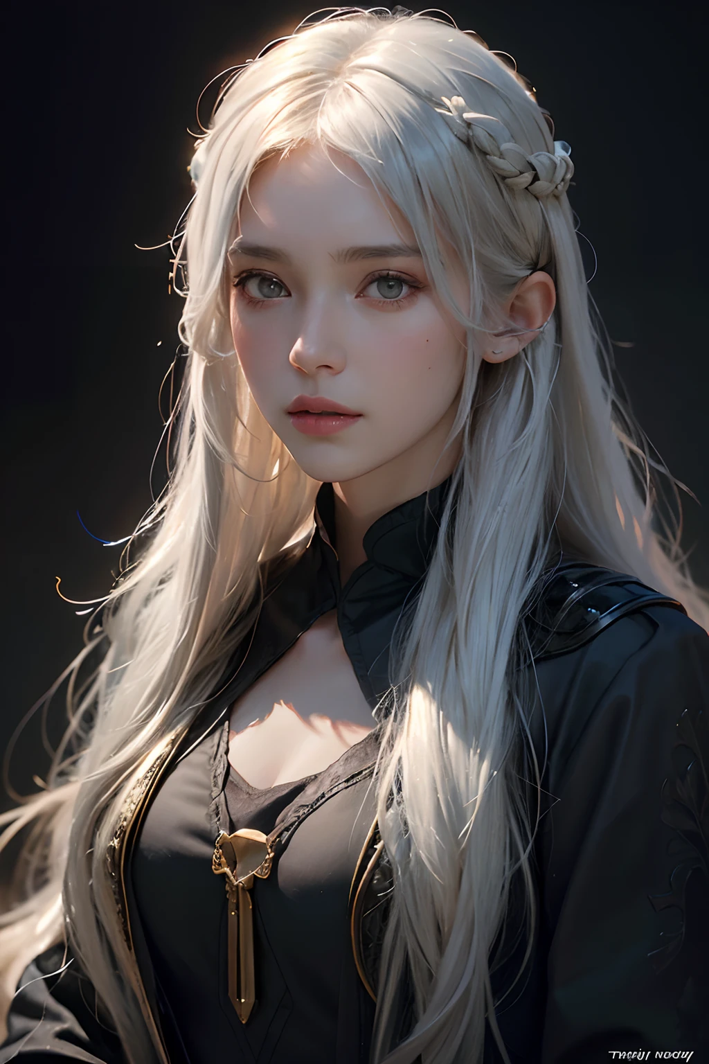 Hyperrealist portrait of female by david hockney and alphonse mucha,fantasy art, photo realistic, dynamic lighting, artstation, poster, volumetric lighting, very detailed faces, 4 k, award winning,, 1girl, in the dark, deep shadow, low key,cowboy shot,(official clothing:1.4) ,long hair,white hair,