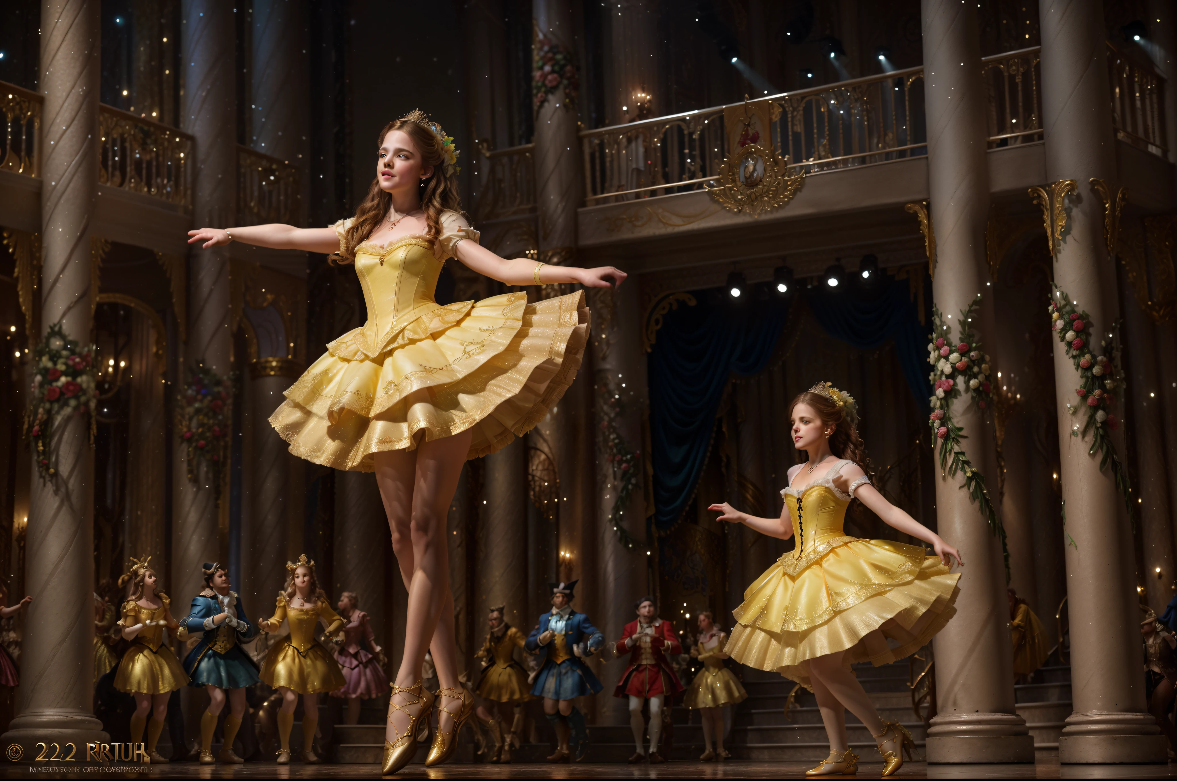 (best quality, 4k, 8k, high resolution, masterpiece: 1.2), ultra detailed, (realistic, photorealistic, photorealistic: 1.37), creative, (vibrant colors, rich colors: 1.2), beauty and the beast dancing in the stage of a show, (beauty and the beast:1.3), theatrical dance scene, Disney 8k photography, belle, b2 floor, stage photography, concert photography, production photography, stage performance, award-winning costume design, on stage, photograph taken with nikon d 750,