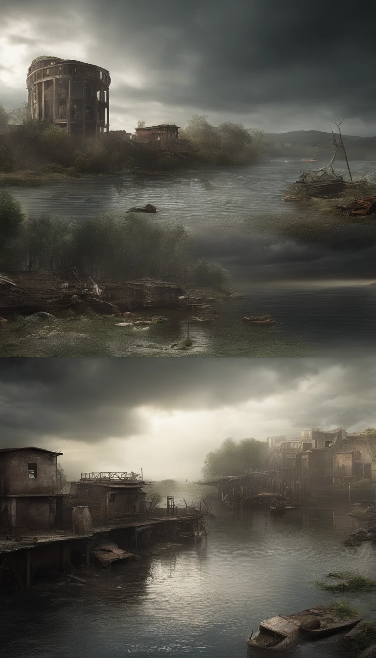 Create a post-apocalyptic scenario where water flooded the earth, with few trees and many structures and buildings. Add high-resolution details such as abandoned buildings, cracks in the structure, faulty electrical installations, and poor lighting. The scene should have a mysterious and dark tone, with elements of water and ruins, high resolution, hyper detailed, add vessels used as cities, ship cities, 8k, lots of quality