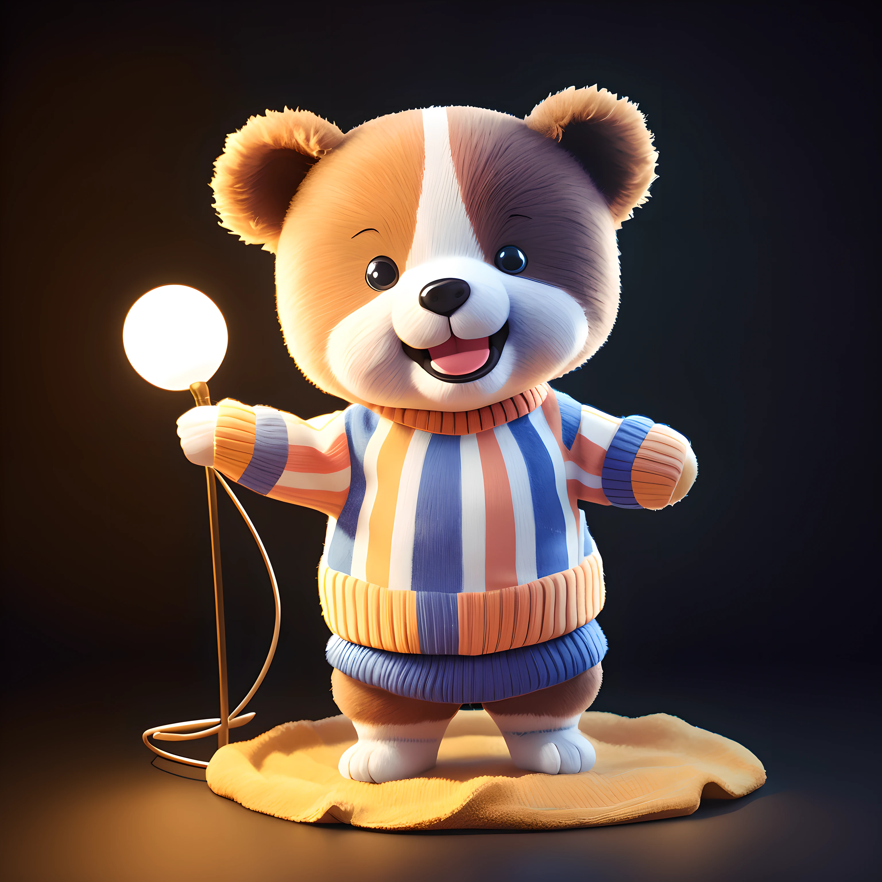 Capture a professional studio photograph of a bear standing, wearing a striped knit sweater, and smiling at the camera. Ensure the lighting is expertly done to highlight the bear's adorable presence. Use a black studio background to create a clean and focused composition. Emphasize the textures and colors of the bear's sweater for a heartwarming and charming image.