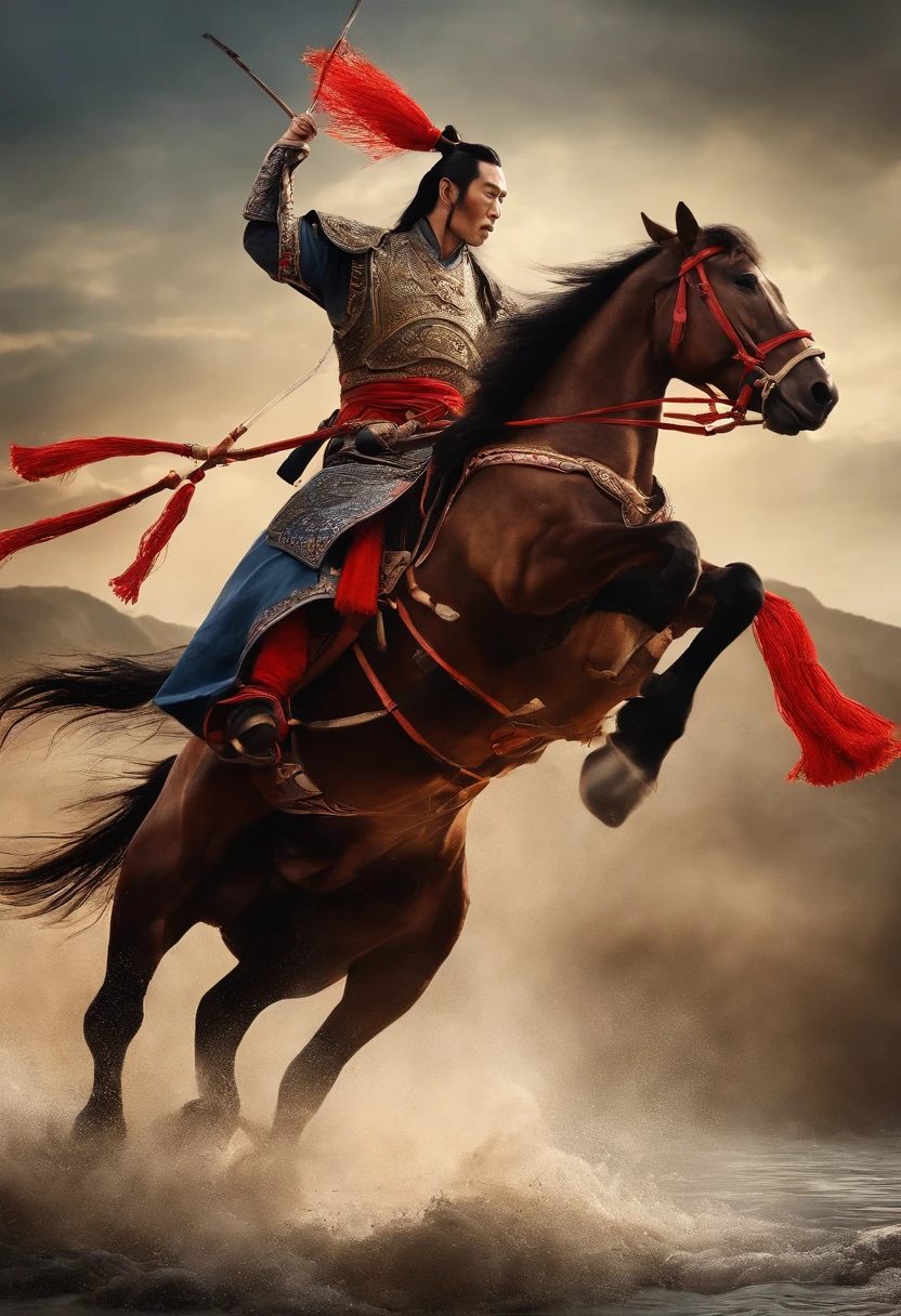 Water Margin character Lin Chong, riding a war horse, holding a red tassel gun, tall, muscular, fighting posture, high quality, best details