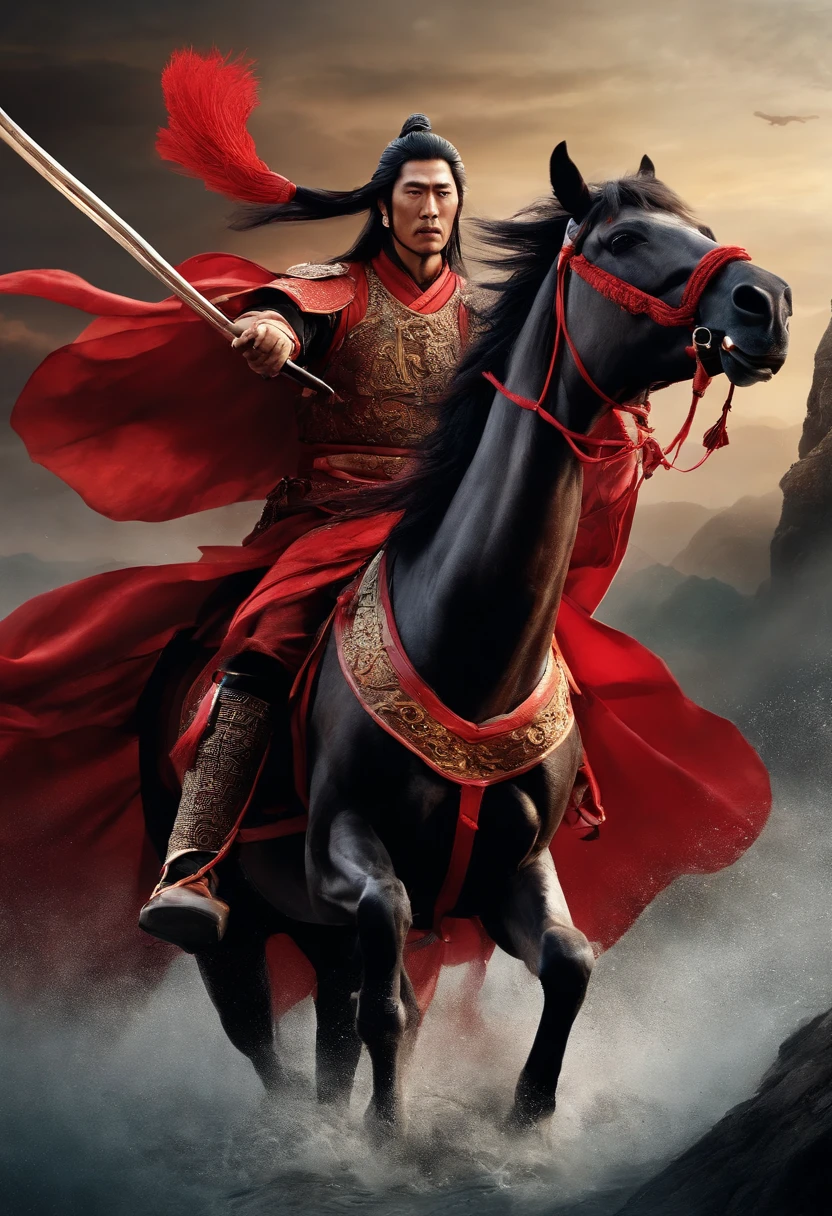 Water Margin character Lin Chong, riding a war horse, holding a red tassel gun, tall, muscular, fighting posture, high quality, best details