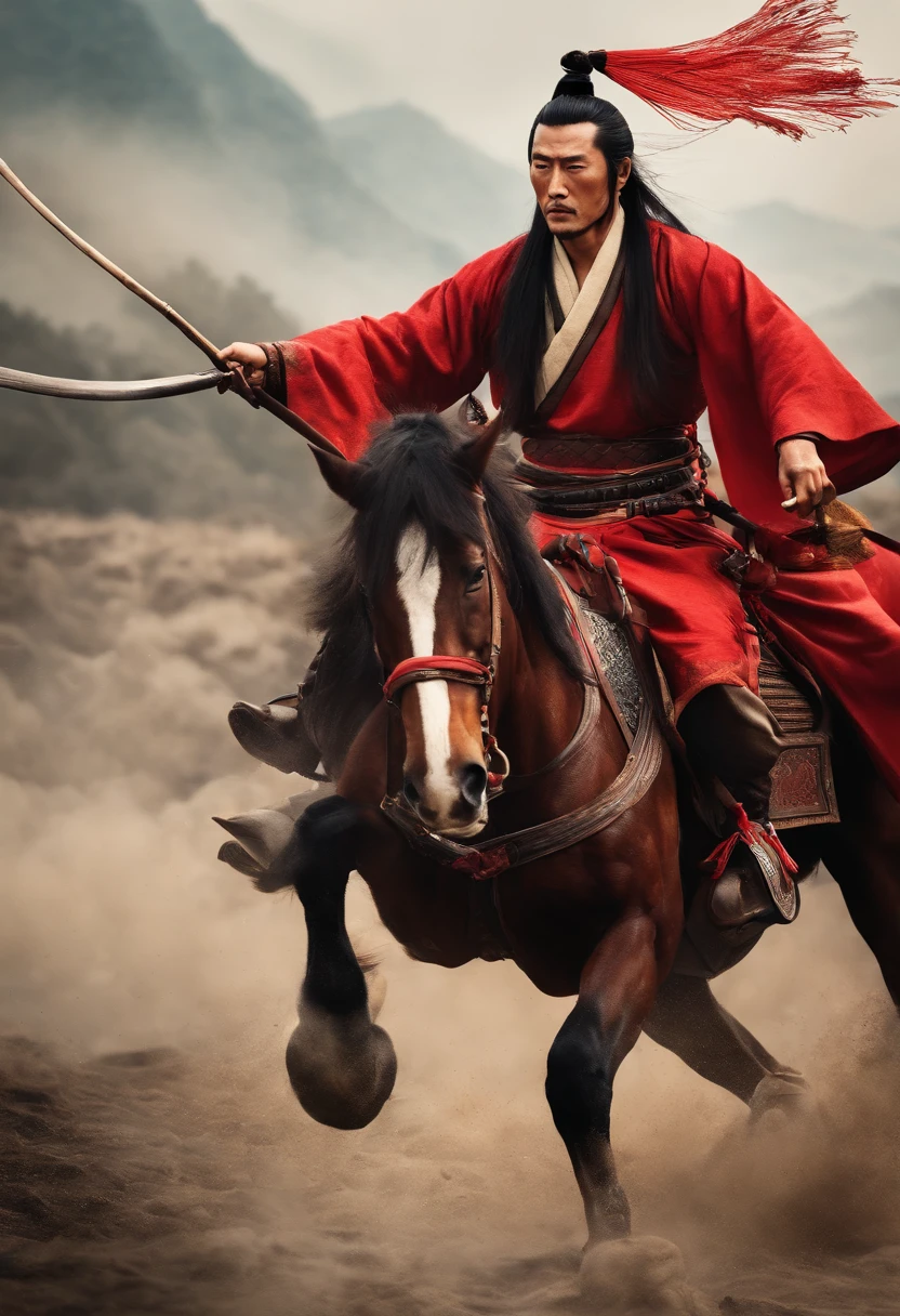 Water Margin character Lin Chong, riding a war horse, holding a red tassel gun, tall, muscular, fighting posture, high quality, best details