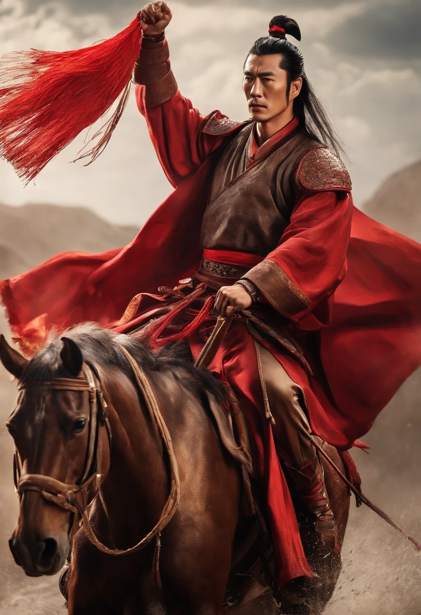 Water Margin character Lin Chong, riding a war horse, holding a red tassel gun, tall, muscular, fighting posture, high quality, best details