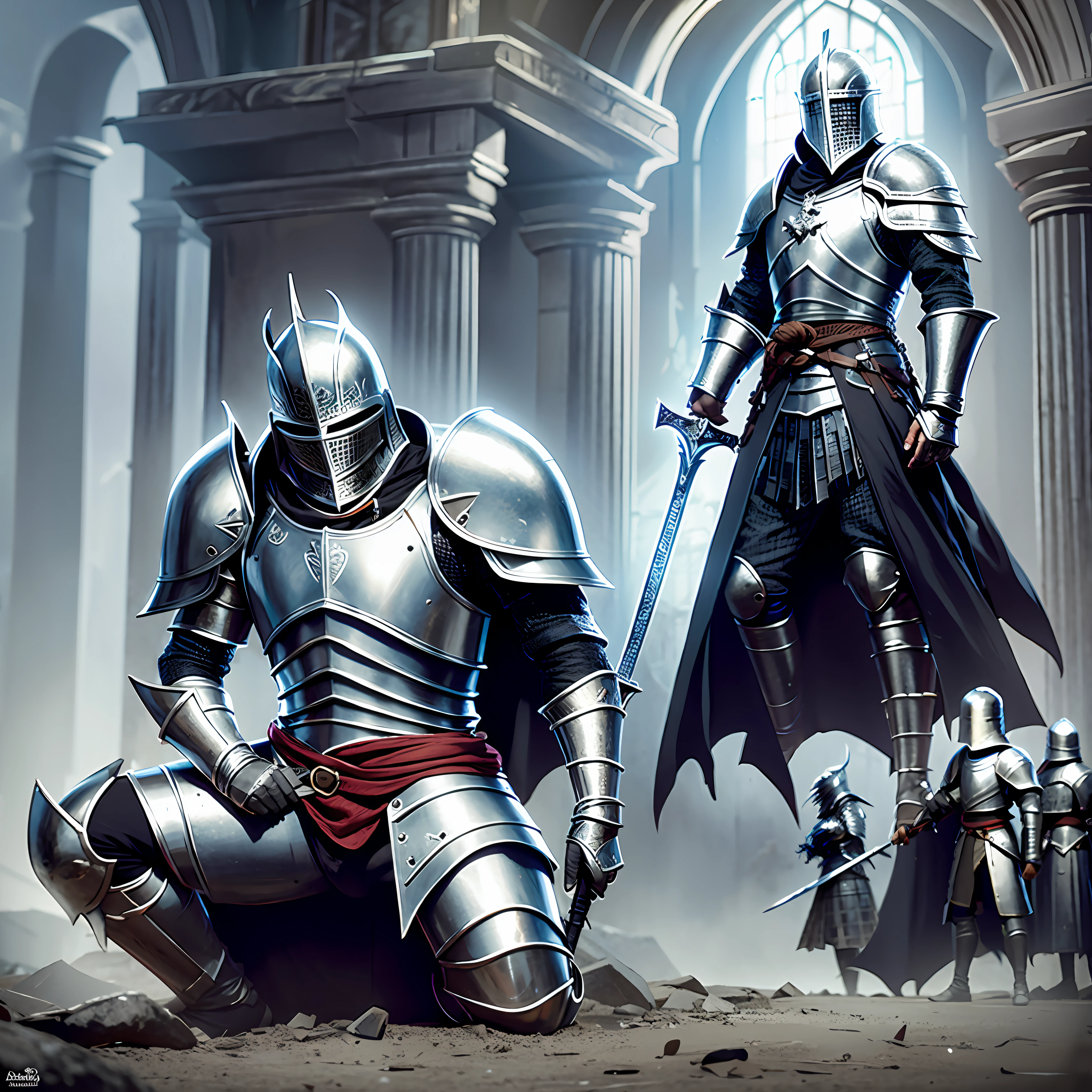 arafed knight sitting on the ground with a sword and a bird in the background, anthropomorphic raven knight, fallen knight, avian warrior, artorias, the dark souls knight, medieval battle scene,great intense and devestaing battle scene, dark souls art, dark souls art style, knight, dark souls inspired, dark souls knight, teutonic knight, medieval holy crusader knight, ultra brightness, cinematic lighting.