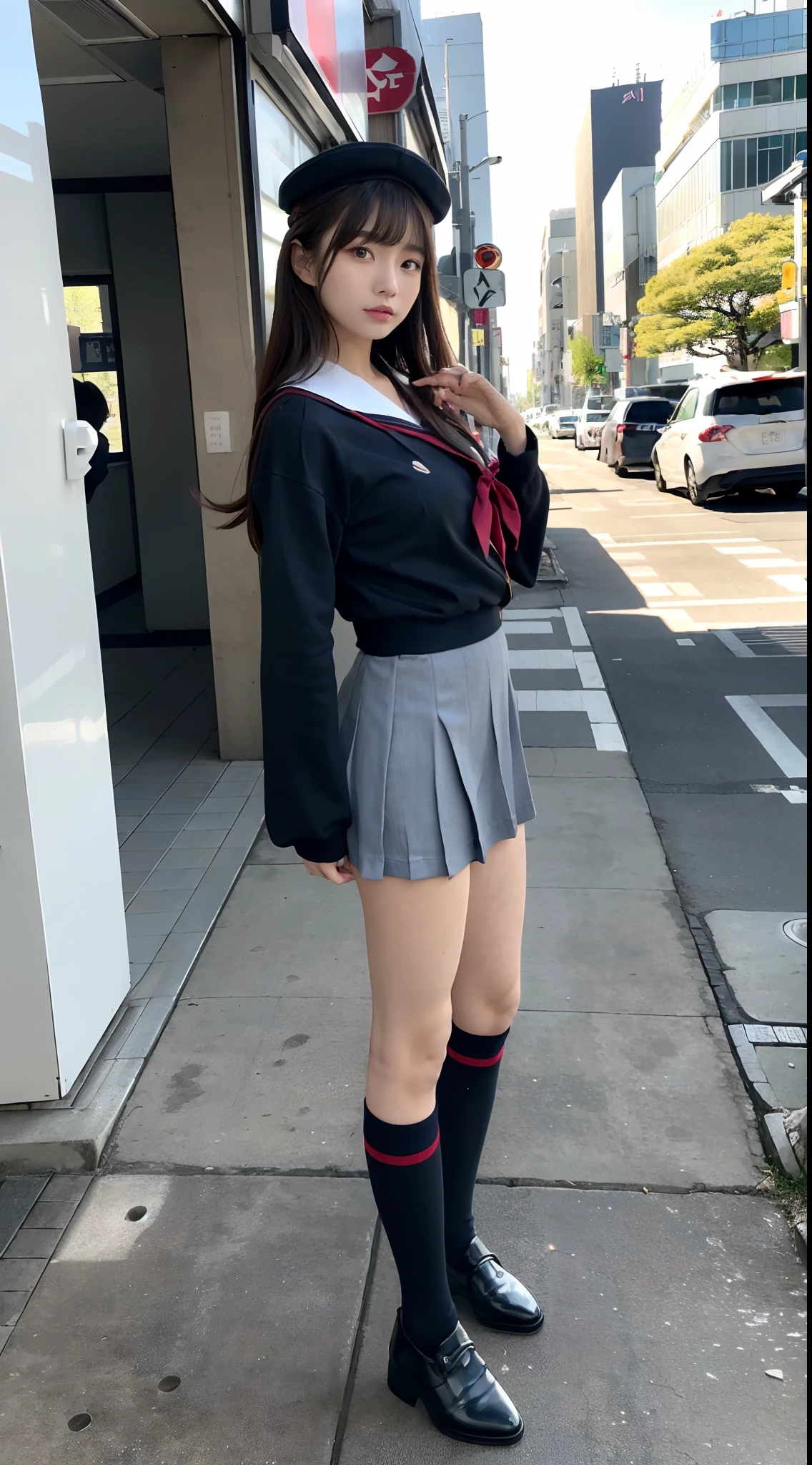 mix4, (16 K, Raw photography, Top image quality, masterpiece: 1.45), (realisitic, Photorealsitic: 1.37), one girls, 7.5, etc、Random hairstyle、Standing figure,Noon time slot、cute little, A city scape,, profetional lighting, photon maping, Cityscape with street trees, physically-based renderingt, Gradient dark brown hair,, a handsome, Well-groomed and beautiful eyes、Large double eyelids、Very shiny、girl with, (((student clothes、Long sleeve sailor suit worn by Japan schoolgirl、red cuffs、Dark blue mini skirt, Small gray beret、Dark blue knee-high socks、Black loafers))), Top Quality Photos, hight resolution, 1080p, (clearface), (Detailed face description), (Detailed hand description), (masterpiece), (Exquisite CG)、extreme light and shadows、dishevled hair、master work、abundant detail、(Fine facial features)、(top quality photo)、(masuter piece)、(A detailed eye)、Look in front of you、Fine clavicle、((Slender big))、(((Japan schoolgirl in long-sleeved sailor suit)))、((Ready Idol System))、((Boulevard with street trees、Roads at the scramble intersection))、(Shooting from random perspectives)、(((Anyway cute)))、耳Nipple Ring、A big smile、Drawing the whole body from the knees、Do not draw nasolabial folds、(((Long-sleeved sailor suit)))、(Big breasts that hang down big:1.2)、Big buttocks with tension、Two arms and two legs、(((from the front side:0.5)))、bare hand、No mask