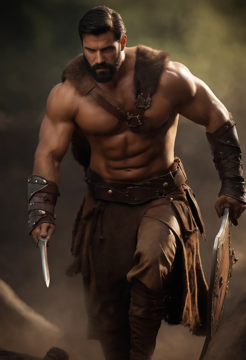 Masterpiece, High quality, Best quality, Beautiful, HD, Realistic, Perfect lighting, Detailed face, Detailed body, 1 man, Solo, Black hair, Green eyes, Long black beard, Gladiator style in brown and shabby leather clothing: 1.4), leather breastplate, 1 wooden spear in hand, background in war, Gladiator style, big muscular man, Robust, angry look,