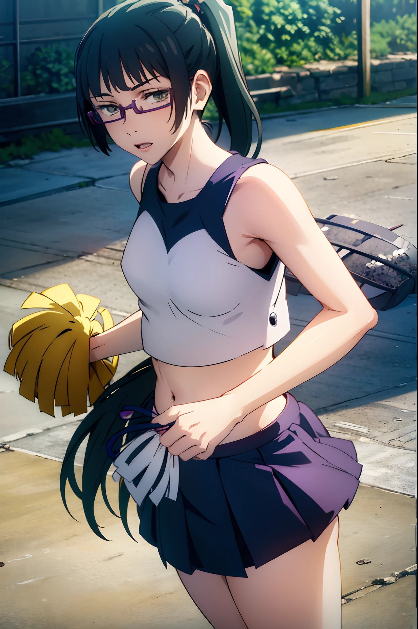 zenin_maki
ponytail
glasses
bangs
green hair
brown eyes, long hair, BREAK cheerleader, crop top, holding pom poms, midriff, navel, orange skirt, pink footwear, pom pom (cheerleading), pom poms, ponytail, skirt, (u.a. cheerleader uniform:1.5), BREAK looking at viewer, full body, BREAK indoors, classroom, BREAK (masterpiece:1.2), best quality, high resolution, unity 8k wallpaper, (illustration:0.8), (beautiful detailed eyes:1.6), extremely detailed face, perfect lighting, extremely detailed CG, (perfect hands, perfect anatomy),