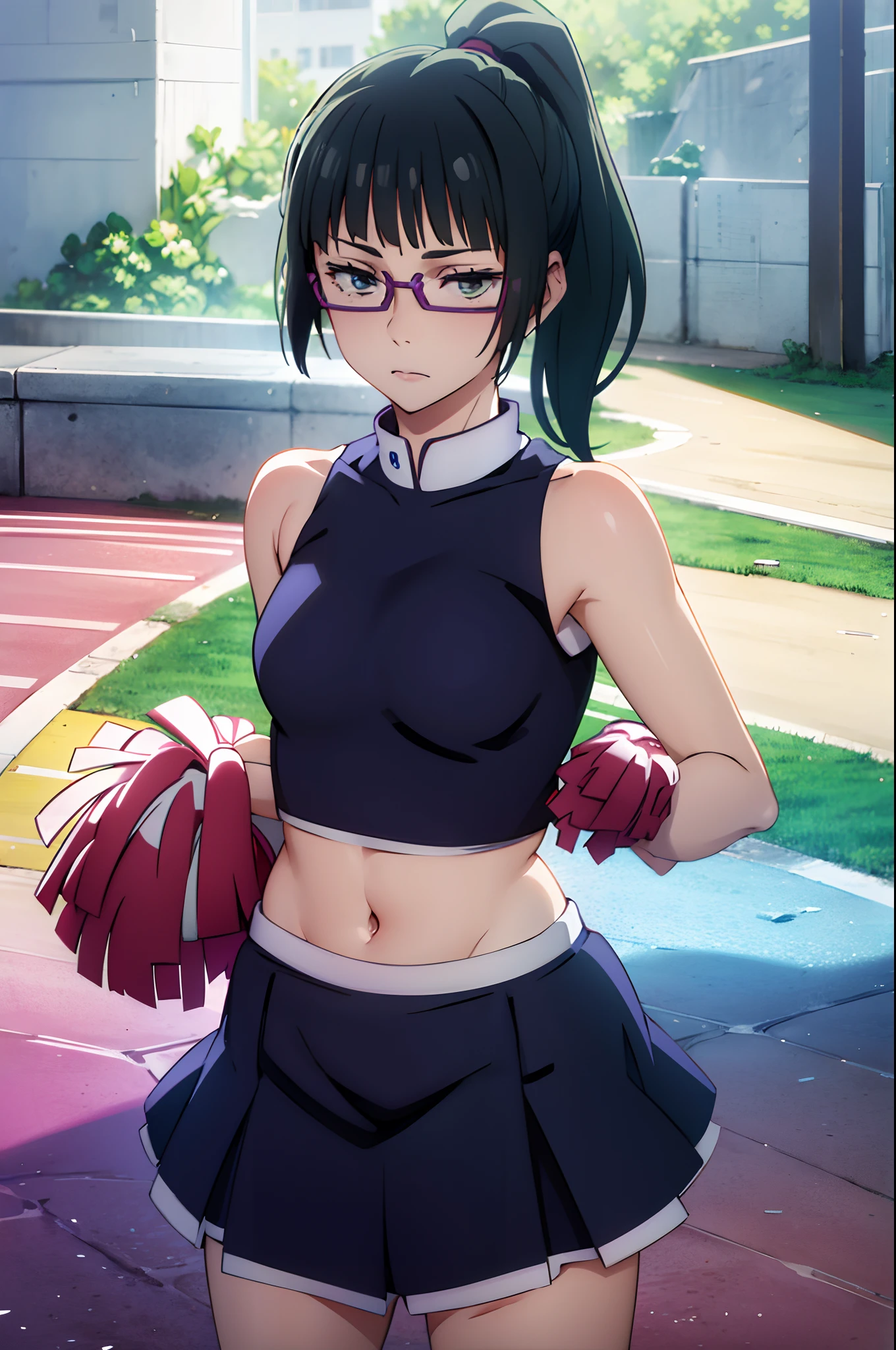 zenin_maki
ponytail
glasses
bangs
green hair
brown eyes, long hair, BREAK cheerleader, crop top, holding pom poms, midriff, navel, orange skirt, pink footwear, pom pom (cheerleading), pom poms, ponytail, skirt, (u.a. cheerleader uniform:1.5), BREAK looking at viewer, full body, BREAK indoors, classroom, BREAK (masterpiece:1.2), best quality, high resolution, unity 8k wallpaper, (illustration:0.8), (beautiful detailed eyes:1.6), extremely detailed face, perfect lighting, extremely detailed CG, (perfect hands, perfect anatomy),