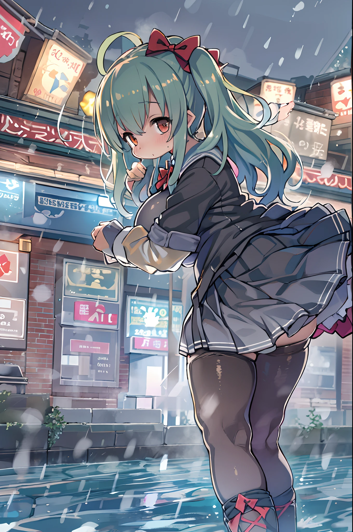 Best Quality, hight resolution, absurderes, Ultra-detailed, Suzuya_(kancolle), 1girl in, long_hair, Skirt, Solo, Shirt, Rain, Wet_Clothes, hair_ornament detached, Wet, breasts, Underwear, pleats_Skirt, See-through, bowtie, Red_Bow、bbw、thick thight、big butts、Ultramammy