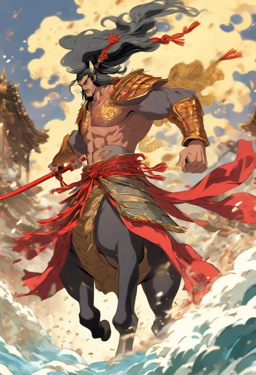 Water Margin character Lin Chong, riding a war horse, holding a red tassel gun, tall, muscular, fighting posture, high quality, best details