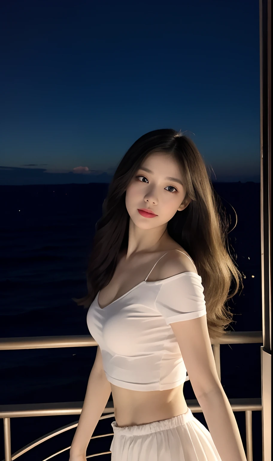 （Original photo of 8K，best qualtiy，tmasterpiece：1.2），（Medium view），the night，Night on a yacht，Sea and night view in the background，best qualtiy，tmasterpiece，（Small mouth：1.2），short- sleeved，short- sleeved，short- sleeved，short- sleeved，an extremely delicate and beautiful one，，astounding，finely detailled，tmasterpiece，Best quality at best，（age 22：1.2），Narrow waist，Slim，is shy，Pure，adolable，Bushy hair，Soft hair，big breasts beautiful，A detailed eye，（long whitr hair：1.2）