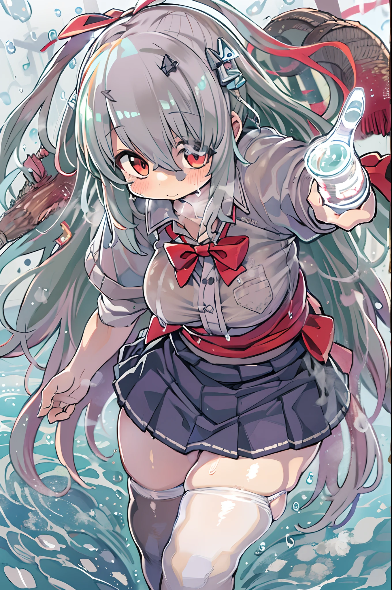 Best Quality, hight resolution, absurderes, Ultra-detailed, Suzuya_(kancolle), 1girl in, long_hair, Skirt, Solo, Shirt, Rain, Wet_Clothes, hair_ornament detached, Wet, breasts, Underwear, pleats_Skirt, See-through, bowtie, Red_Bow、bbw、thick thight、big butts、Ultramammy