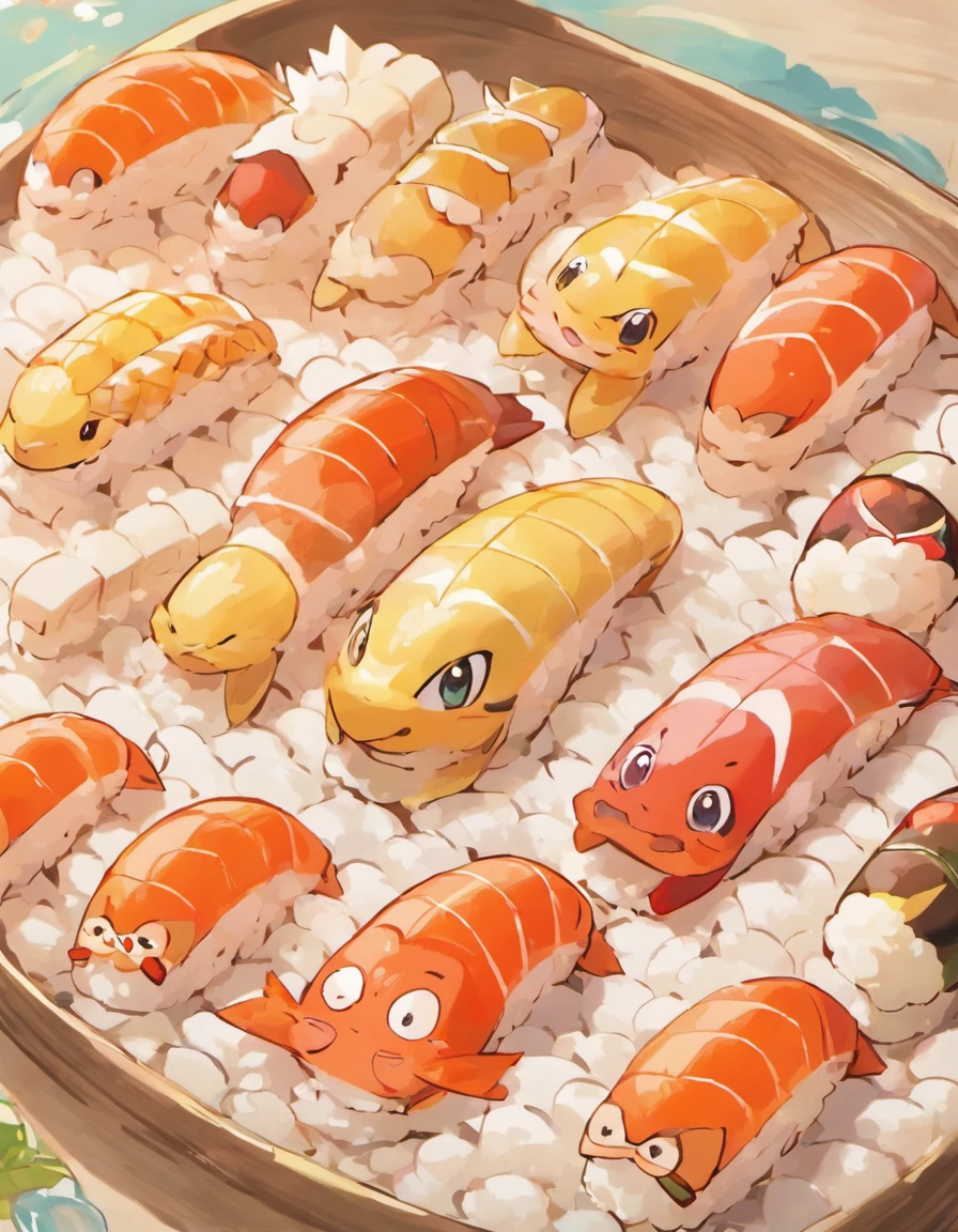 Nigiri: Hand-pressed sushi consisting of a small bed of vinegared rice topped with seafood or other ingredients. Drawn by sowsow,