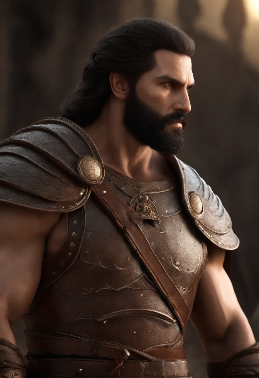 Masterpiece, High quality, Best quality, Beautiful, HD, Realistic, Perfect lighting, Detailed face, Detailed body, 1 man, Solo, Black hair, Green eyes, Long black beard, Gladiator style in brown and shabby leather clothing: 1.4), leather breastplate, 1 wooden spear in hand, background in war, Gladiator style, big muscular man, Robust, angry look,