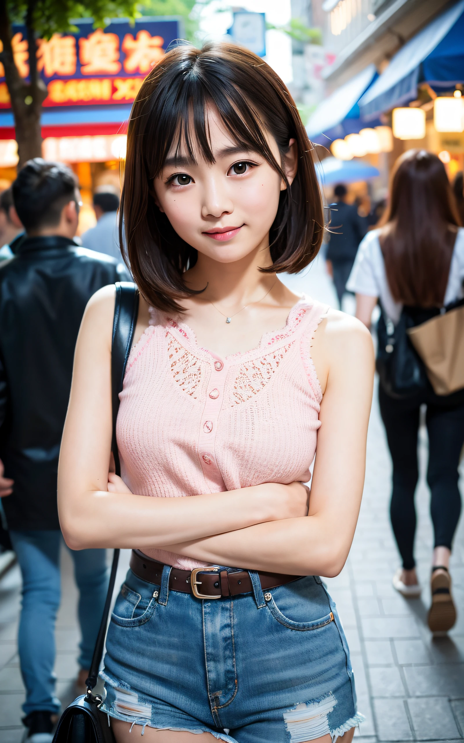 masutepiece, Best Quality, 8K, 1girl in, Good Hand, 14 yo, Lively, Active, Life Force, Luminescent, Looking away, Raw photo, F/1.8, 135 mm, NIKON, Anatomically correct, Bokeh,Textured skin, Professional Photography, Portrait, Soft light, Professional Lighting, Solo, (Smile), Cute, Girly, Digital SLR, Film grain, (Eyes and faces with detailed:1.0), 8K Wallpaper, Bangs, shopping street