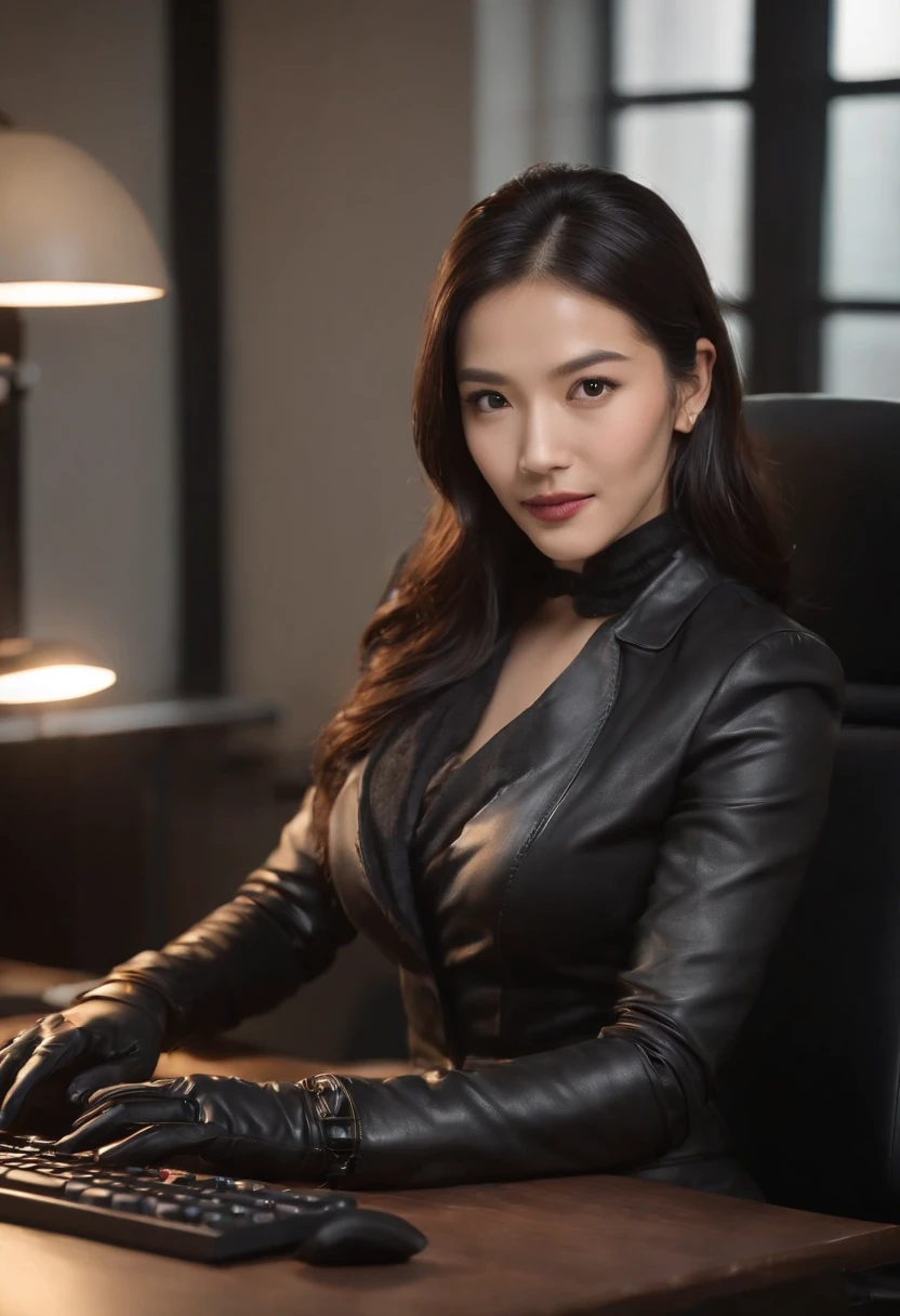 Wearing black leather gloves in both hands, upper body, black business suit, facing the desk in my room with a computer in the dark, tapping the keys of the computer keyboard with the fingertips of black leather gloves while looking at the screen, black hair bundled in the back for a long time, Japanese female new employee (black leather gloves cover both hands) (angle is in the front)